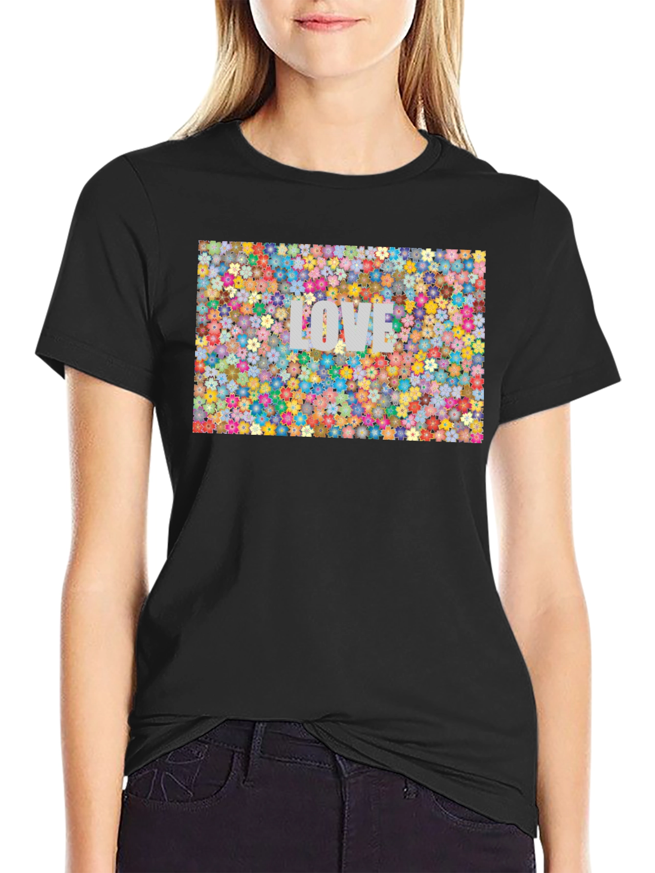 Black Floral LOVE Print T-Shirt - Stylish Black Tee view 2