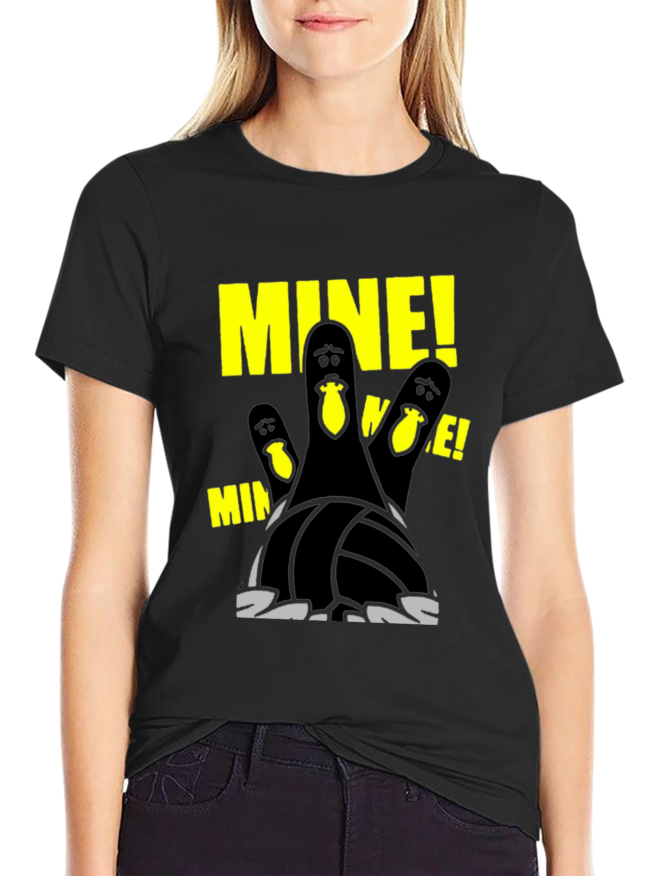 Black Funny Bowling Pins "MINE" T-Shirt view 2