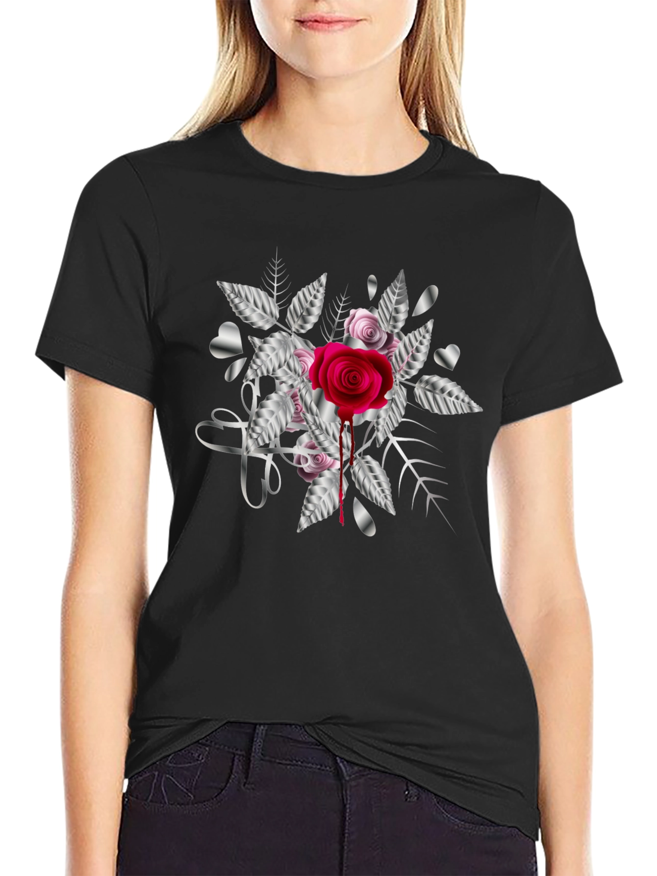 Black Rose & Silver Heart Graphic T-Shirt view 2