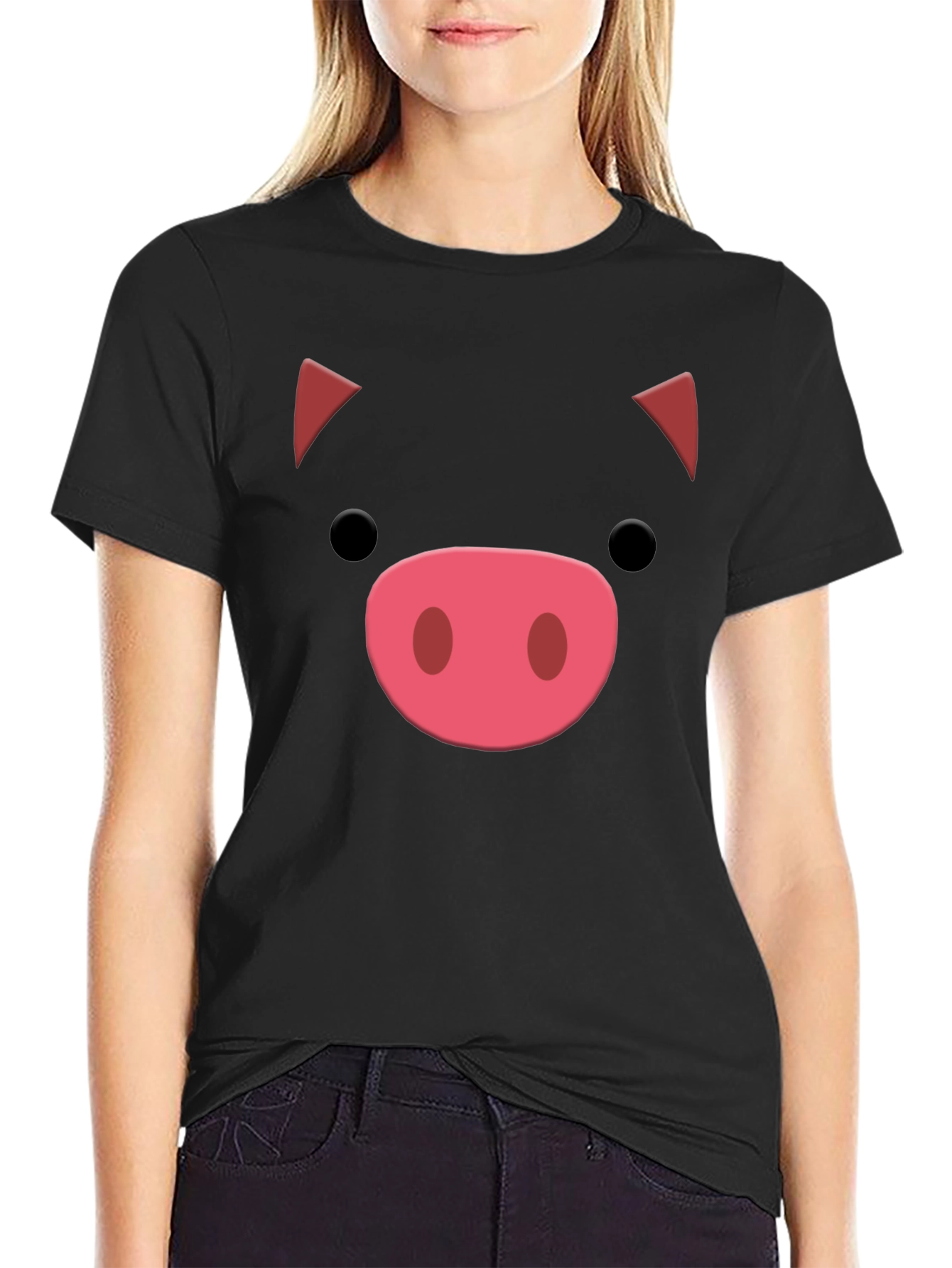 Black Cute Pig Face Graphic Tee - Soft Cotton Blend view 2