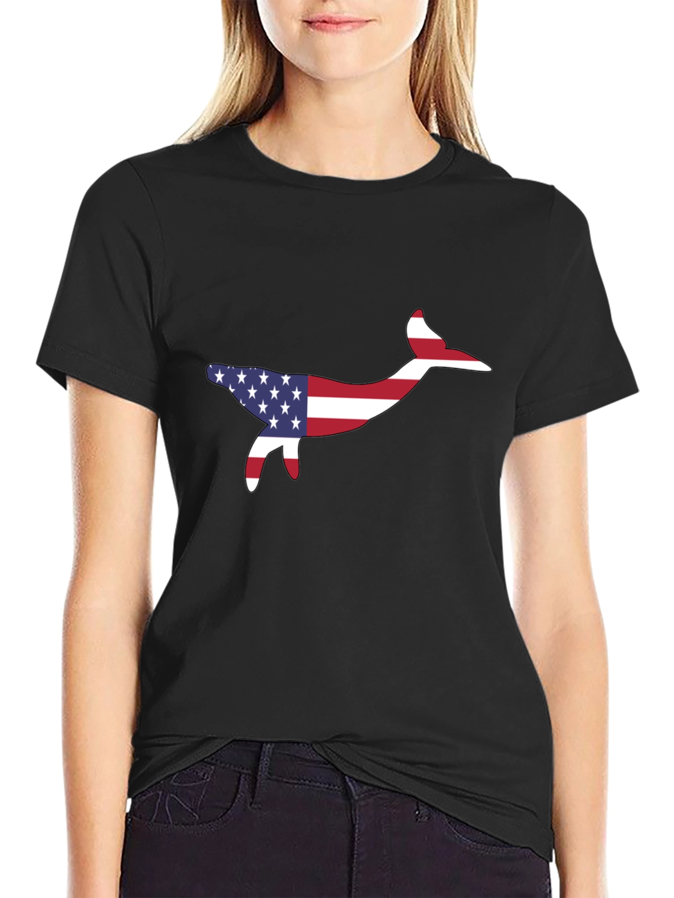 Black USA Flag Whale Graphic Tee - Patriotic Style view 2