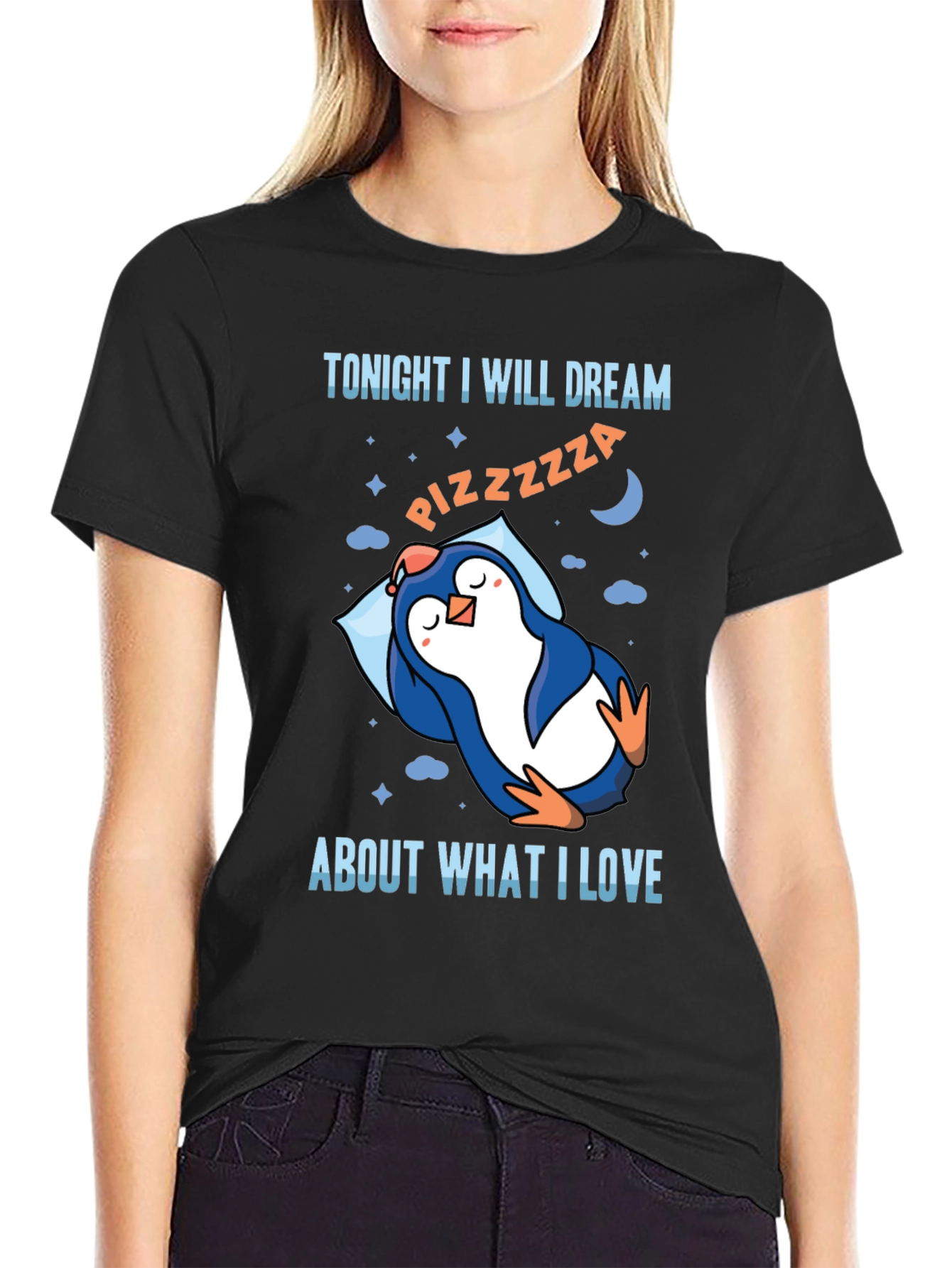 Black Pizza Dream Penguin T-Shirt -  Comfortable Crew Neck Tee view 2
