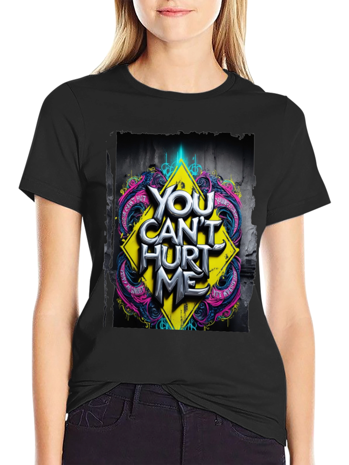 Black Edgy "You Can't Hurt Me" Graphic Black T-Shirt view 2