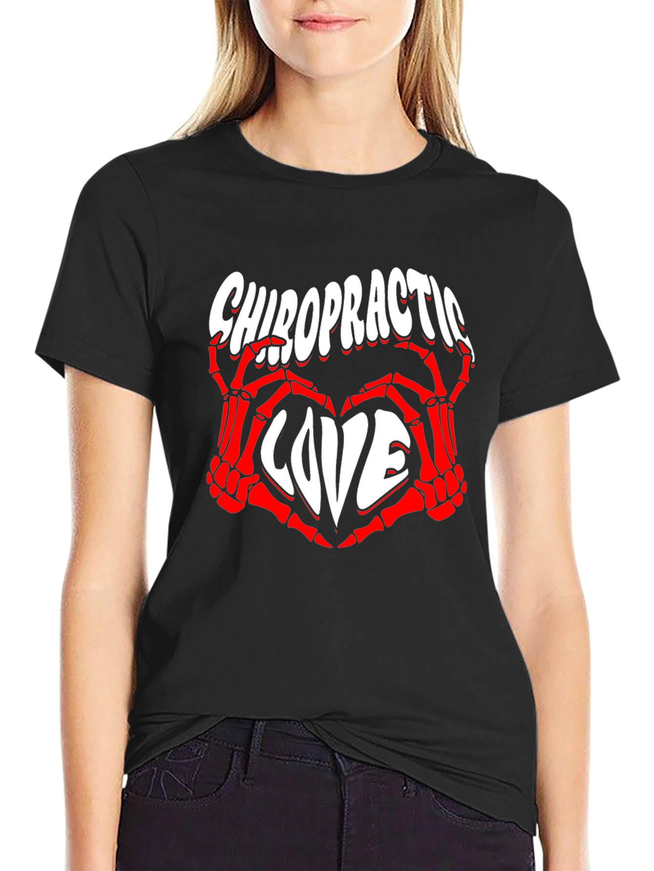 Black Chiropractic Love T-Shirt - Red Skeleton Hands Heart view 2