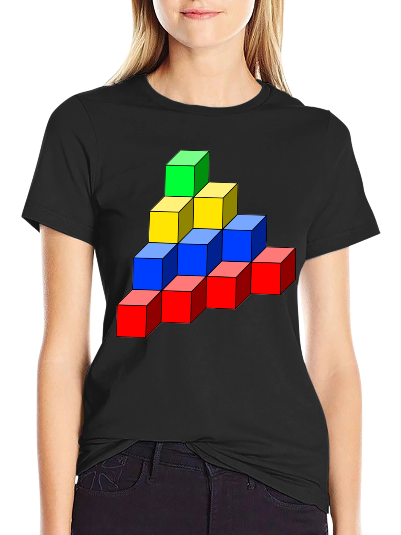 Black Colorful Cube Stack Graphic Tee - Unique Design view 2