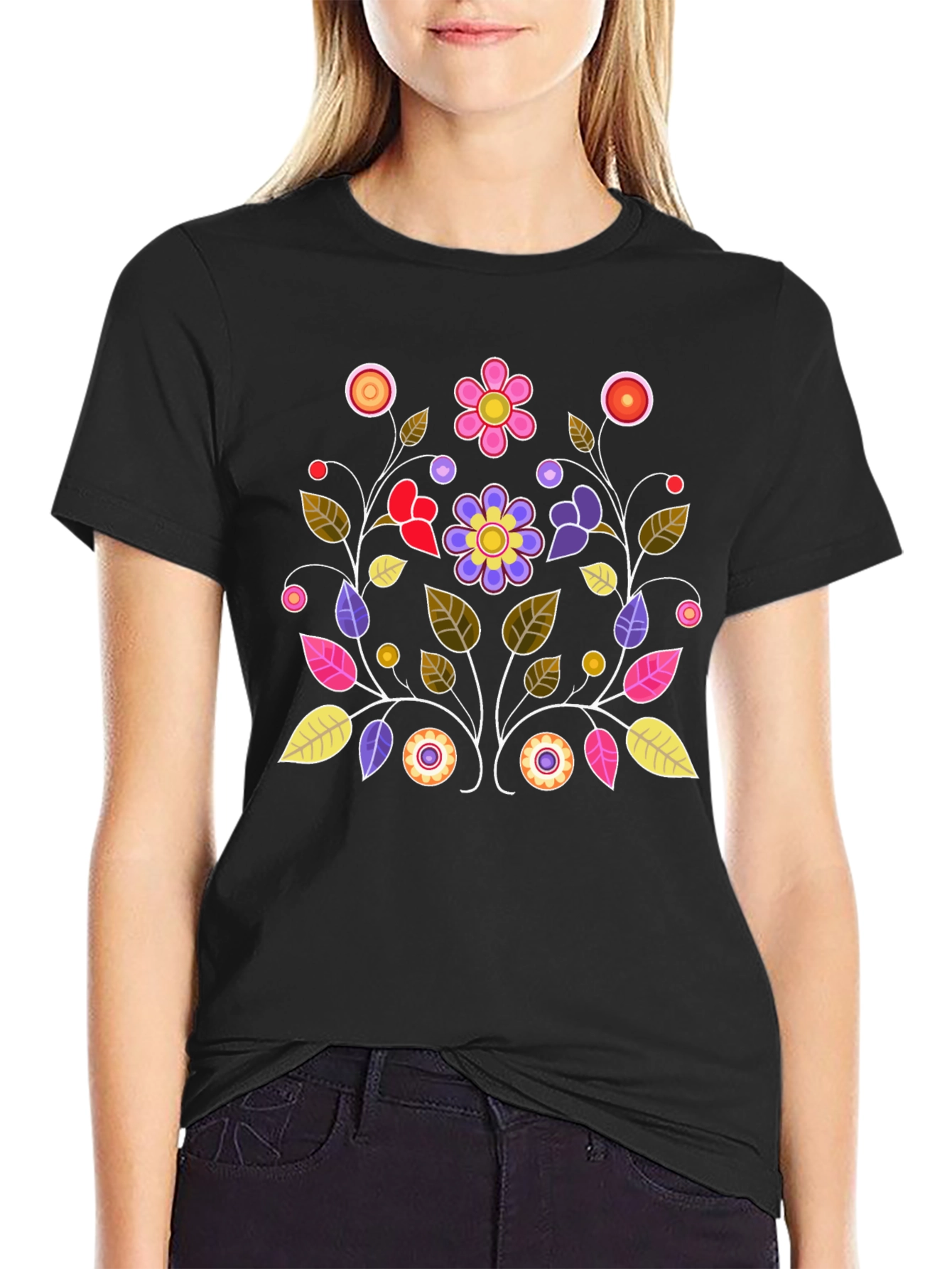 Black Floral Design Black T-Shirt view 2