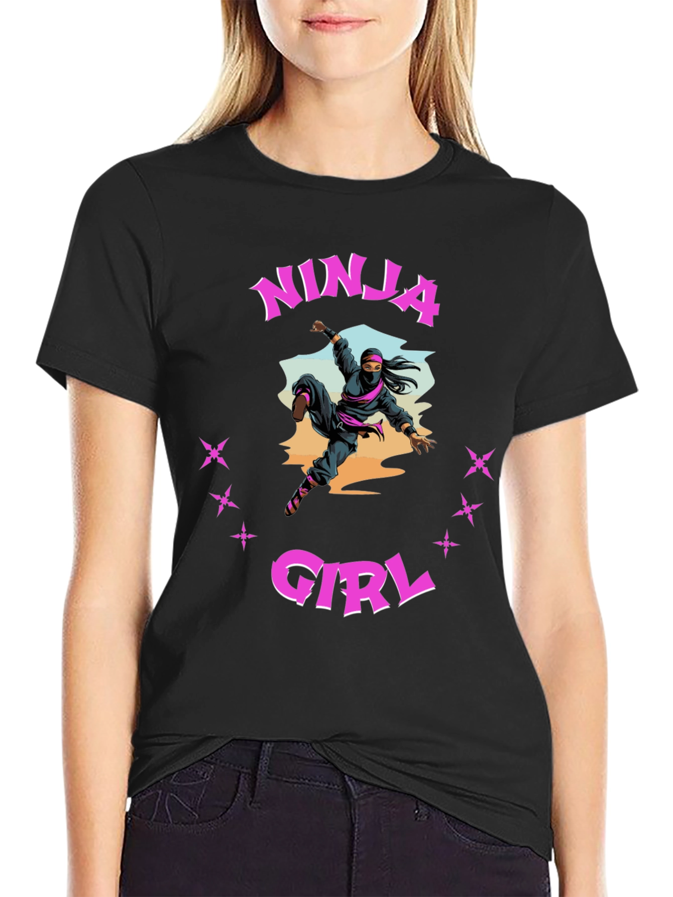 Black Ninja Girl Graphic Tee - Black Cotton T-Shirt view 2