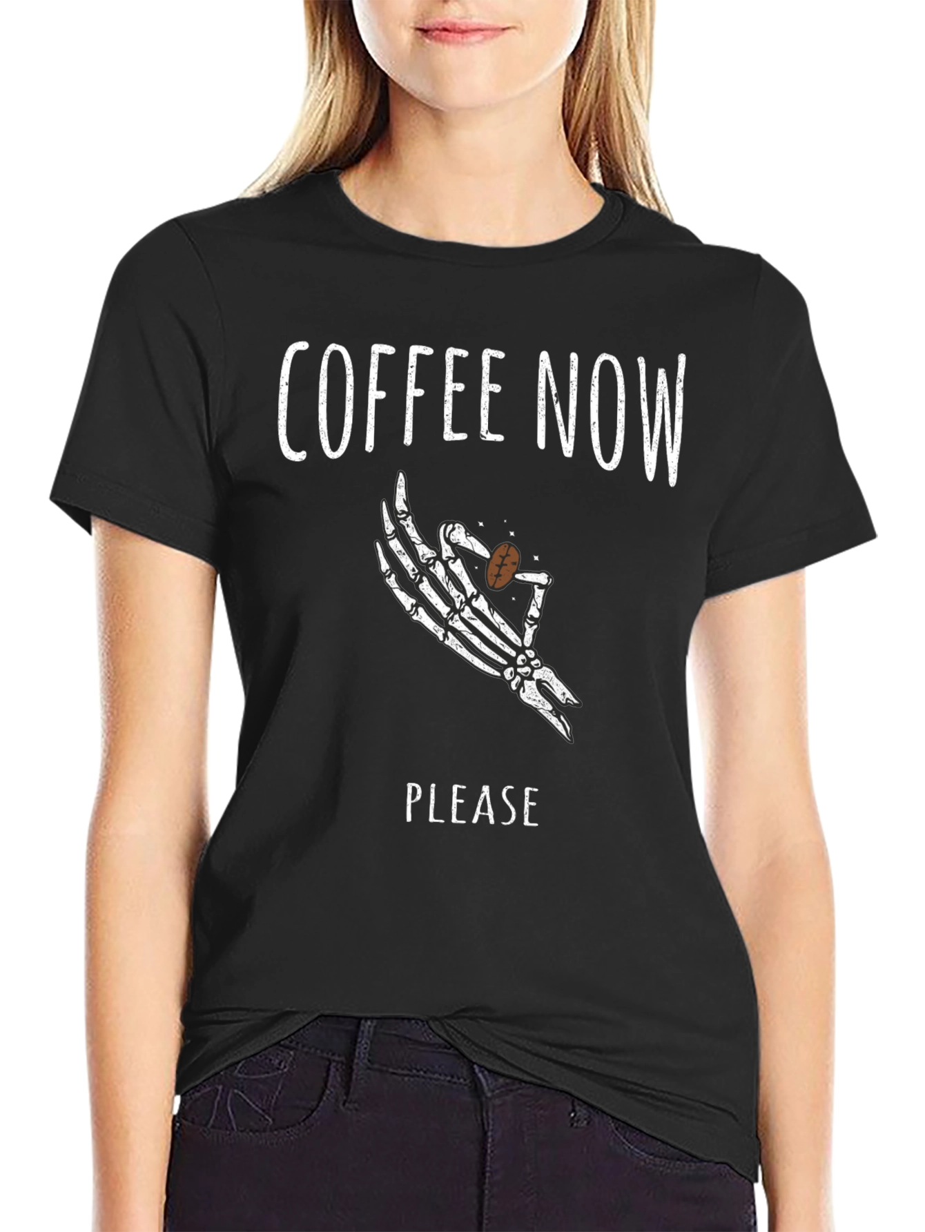 Black Coffee Now Please Skeleton Hand Graphic Tee view 2