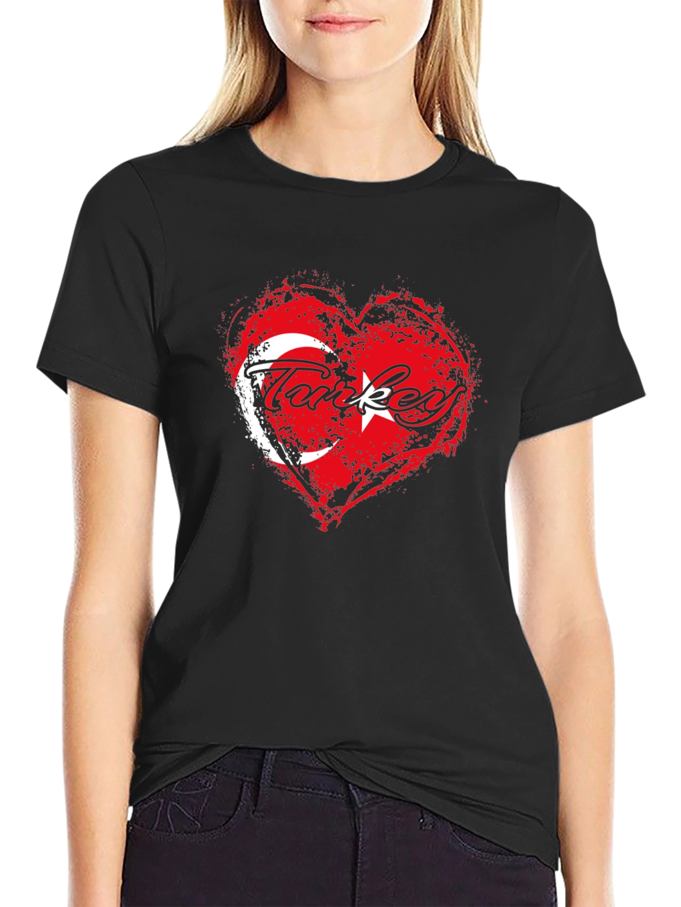 Black Turkey Flag Heart T-Shirt - Black Crew Neck Tee view 2