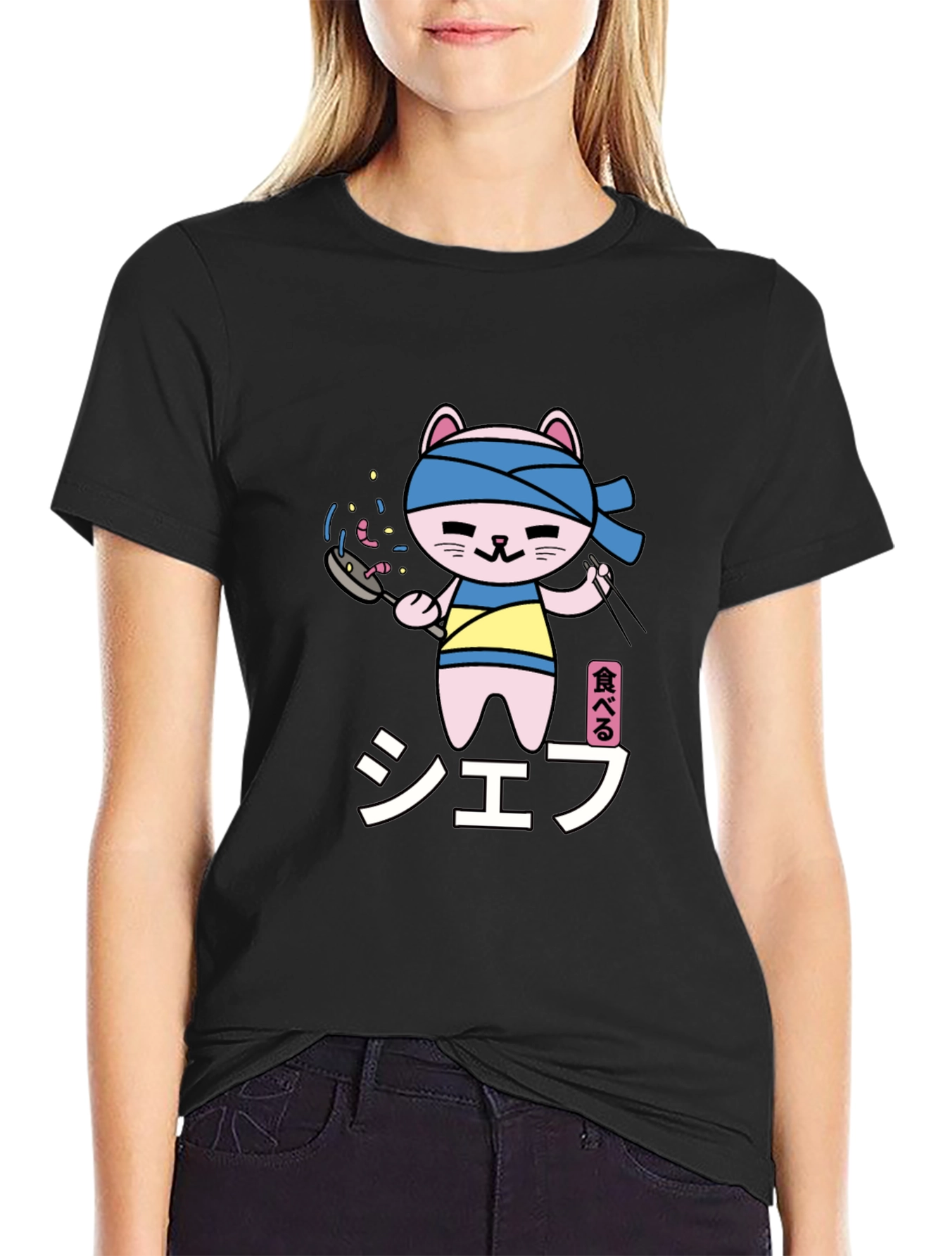 Black Chef Cat T-Shirt - Black, Cartoon Graphic Tee view 2