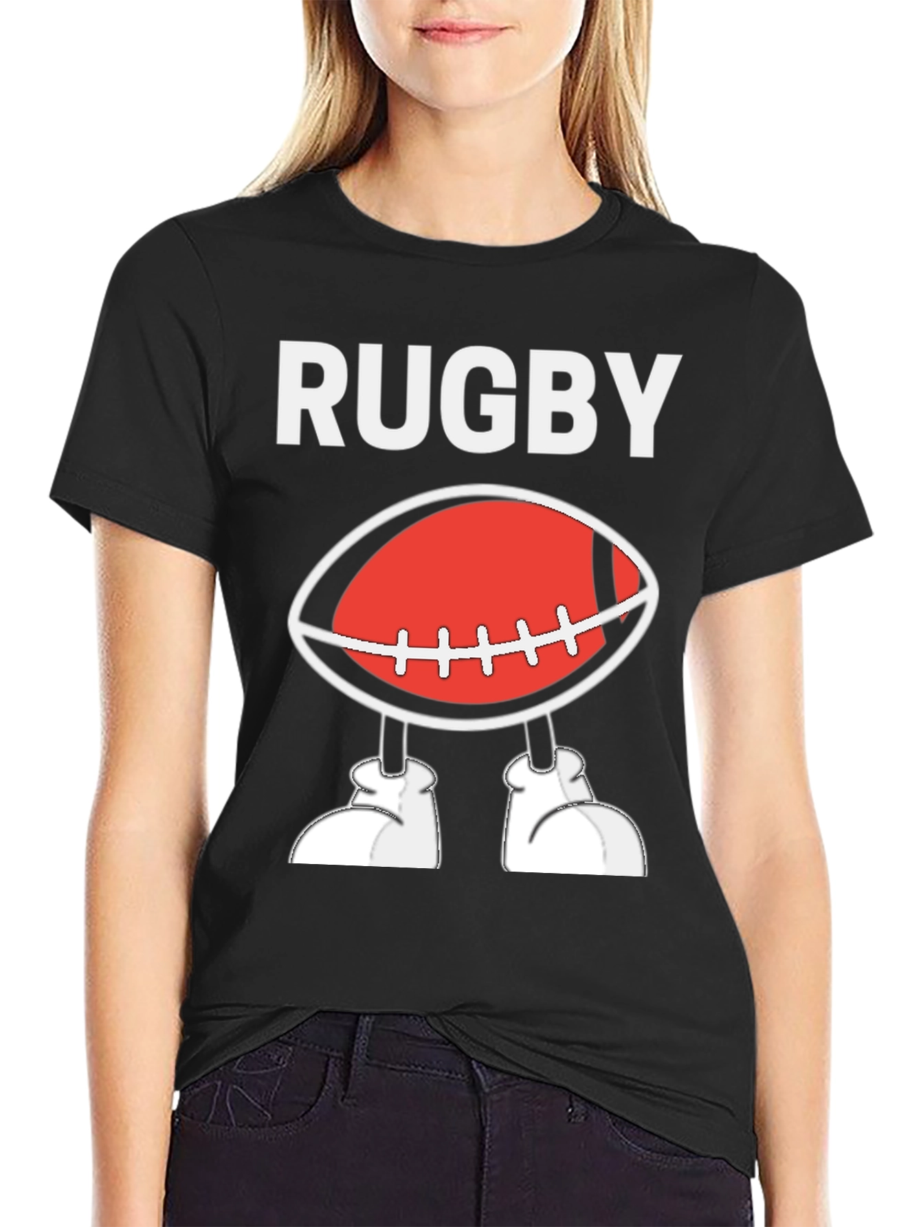 Black Rugby Football Cartoon T-Shirt - Black view 2