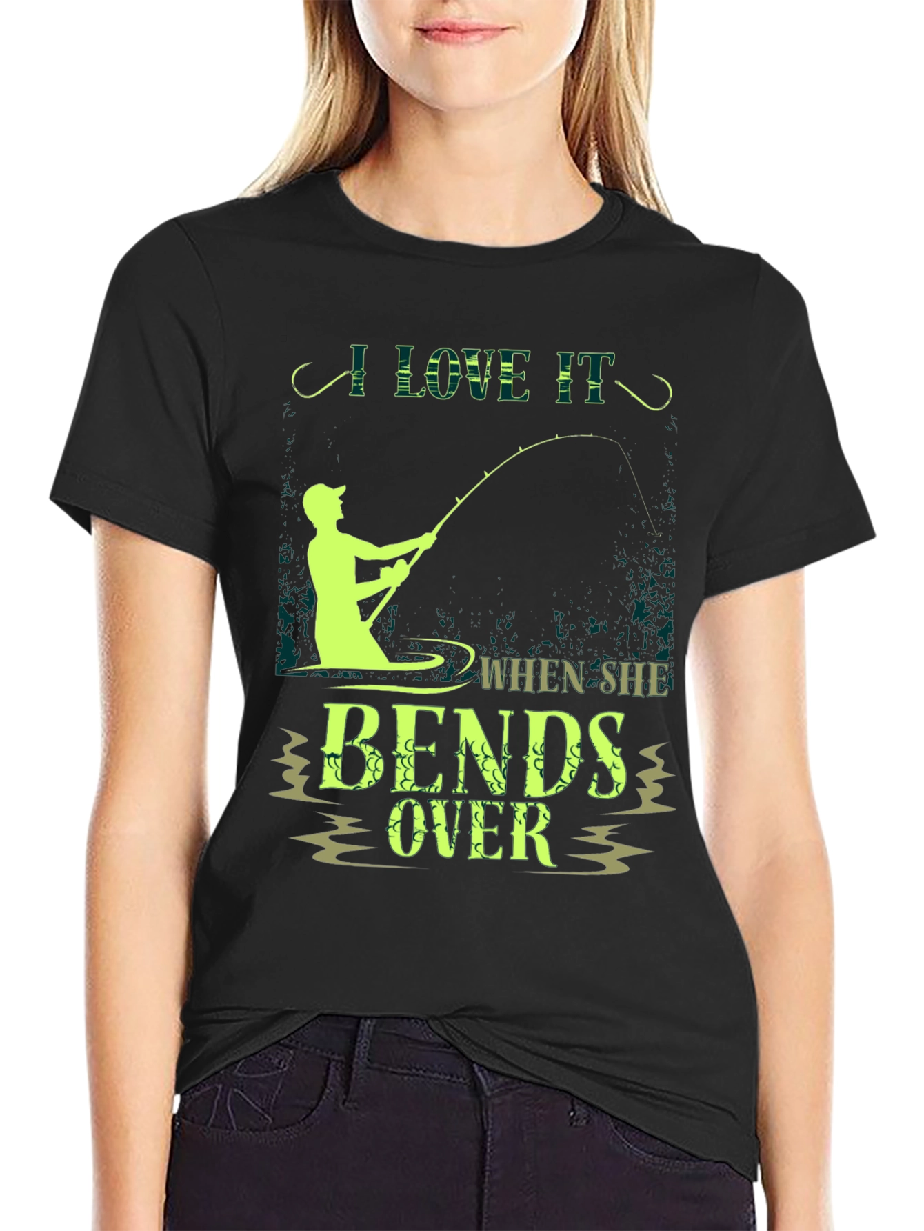 Black Fishing Humor T-Shirt - I Love It When She Bends Over view 2