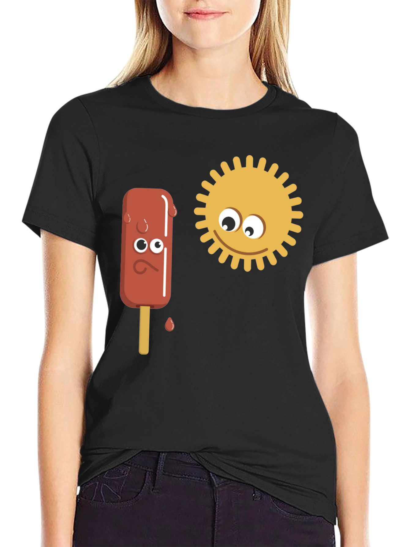 Black Funny Cartoon Sun & Ice Cream Men's Black T-Shirt view 2