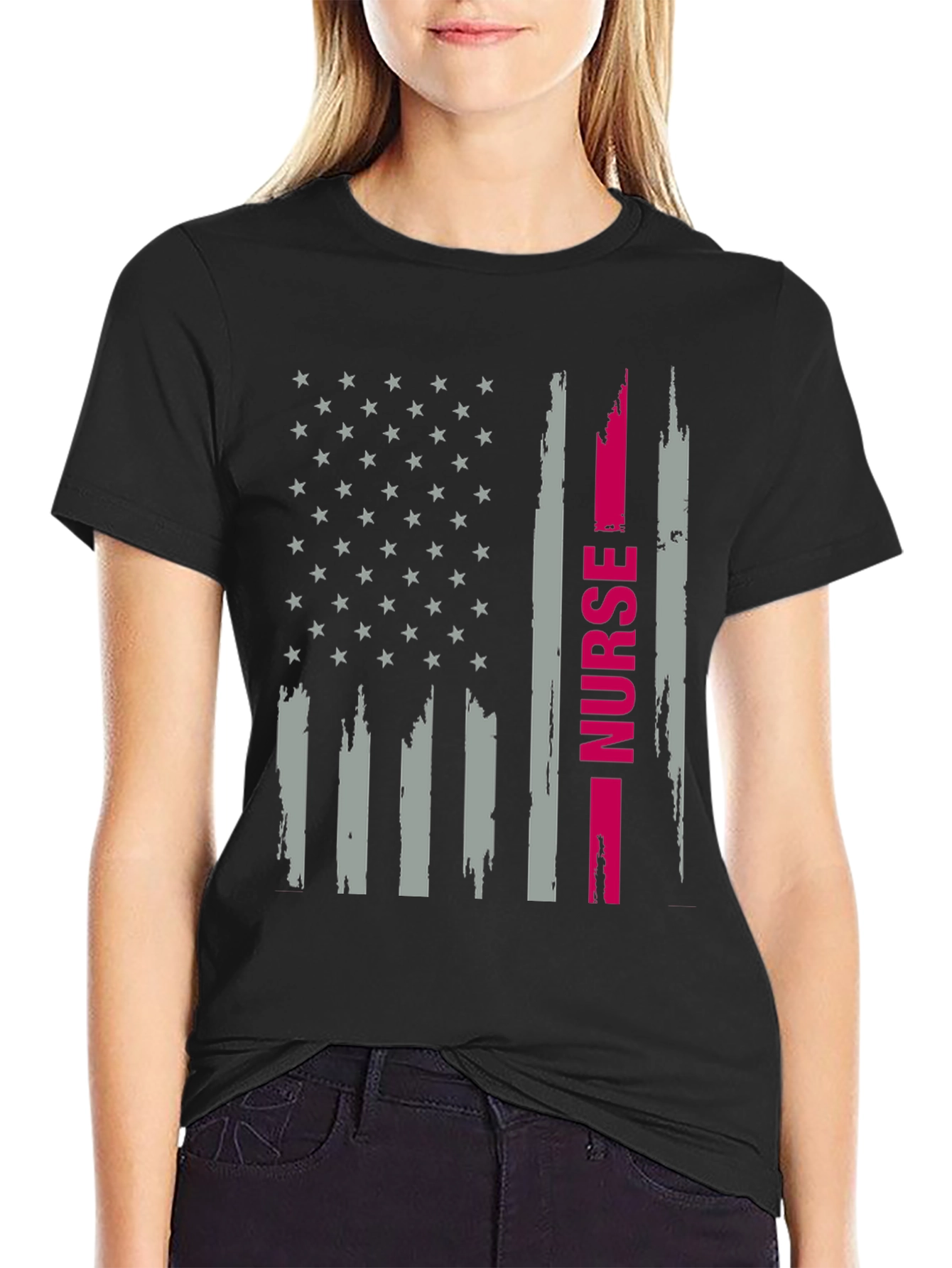 Black Nurse American Flag Graphic T-Shirt view 2
