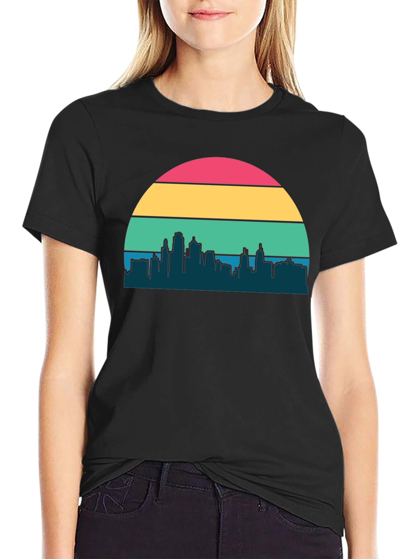 Black Retro Sunset Cityscape Graphic Tee view 2