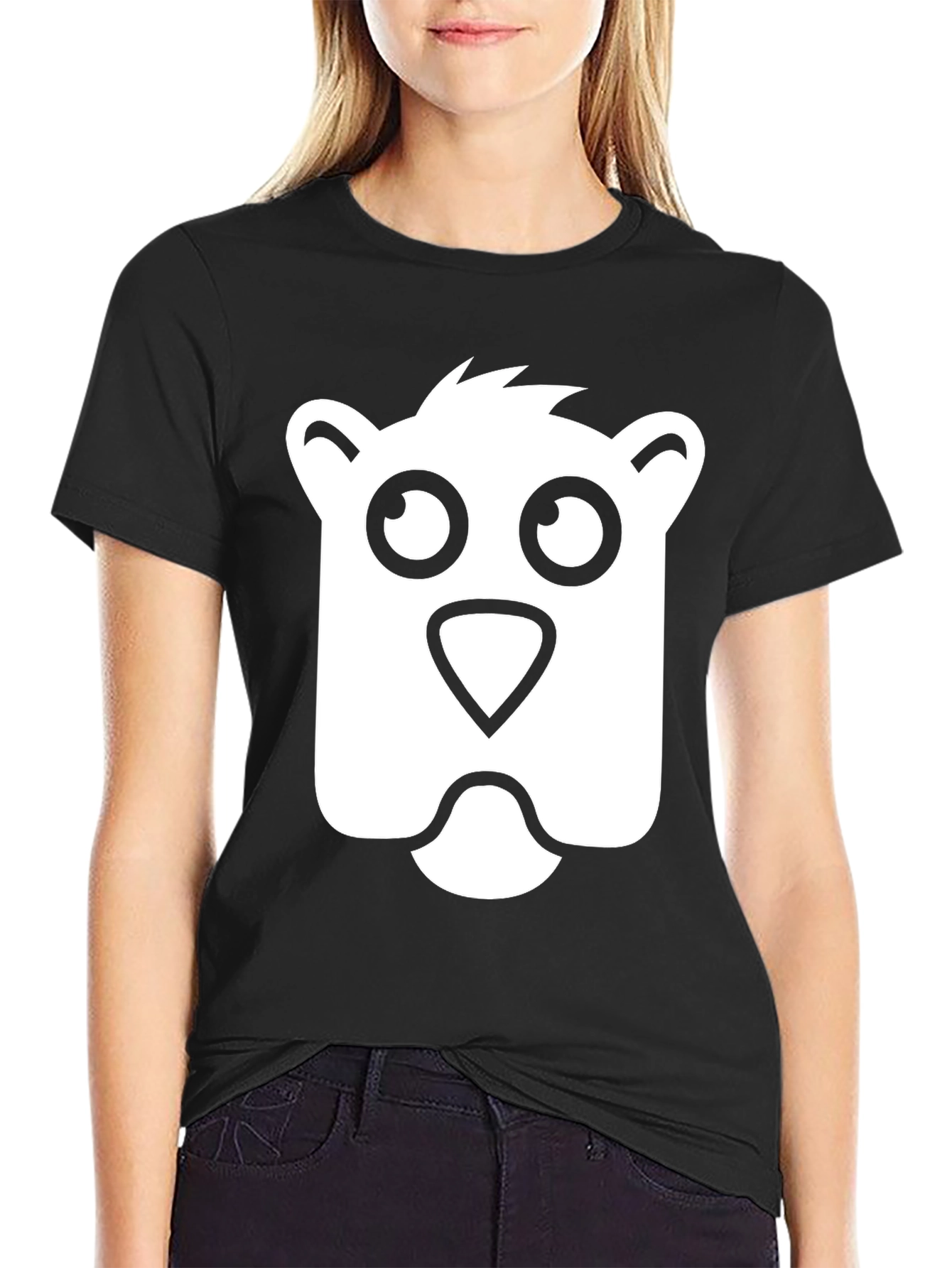 Black Cartoon Bear Face Black T-Shirt view 2