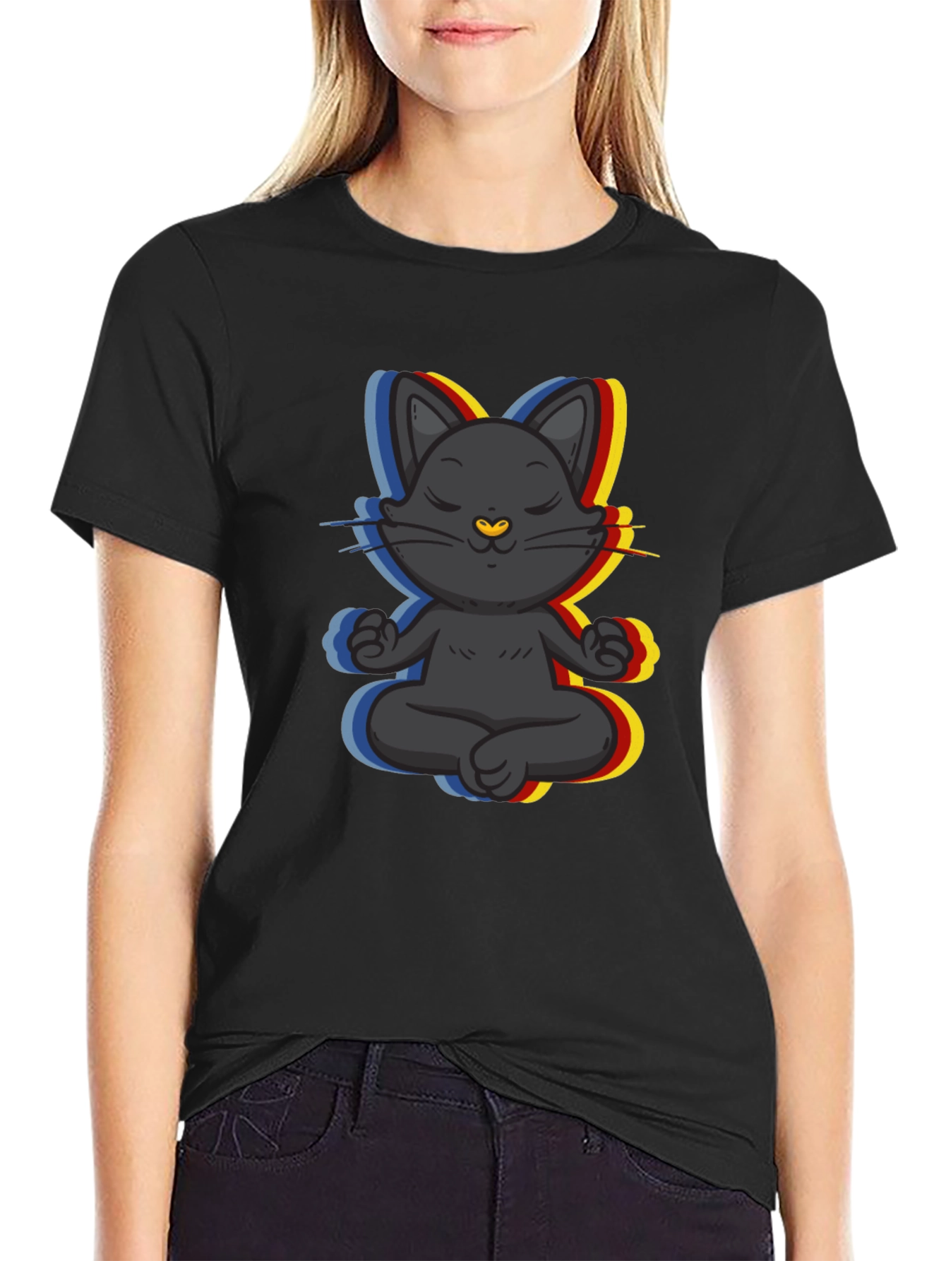 Black Zen Cat T-Shirt - Meditating Feline Tee view 2