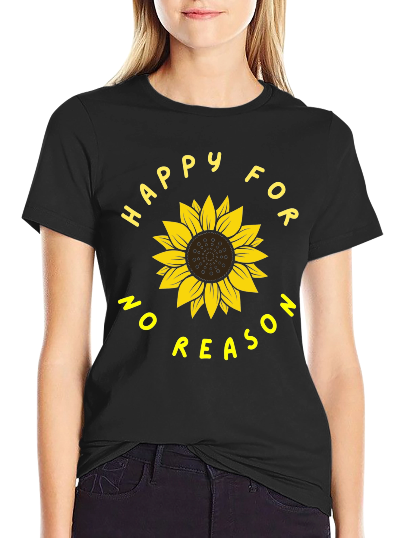 Black Happy For No Reason Sunflower Graphic Tee view 2