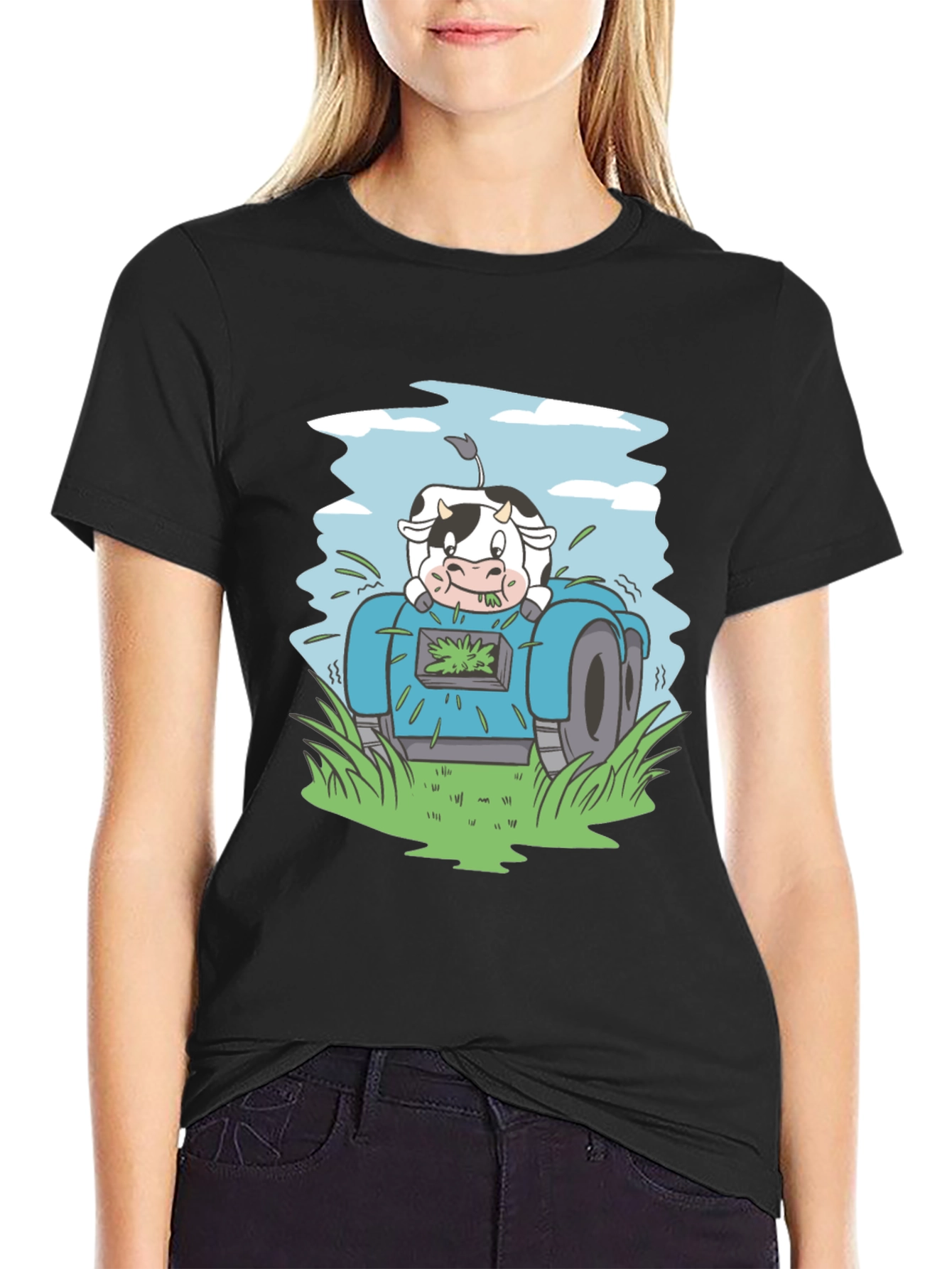 Black Cow Riding Lawnmower Graphic Tee view 2