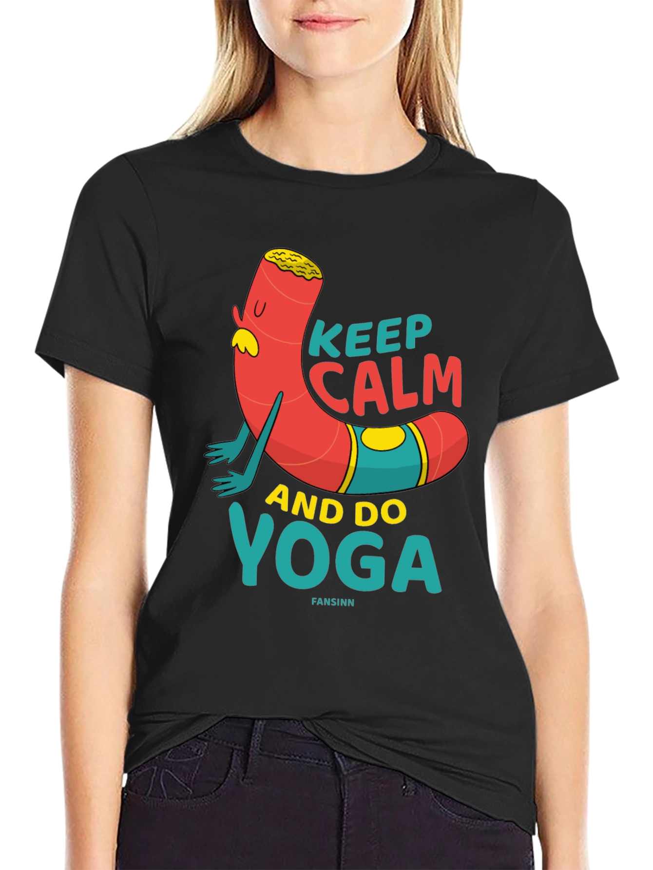 Black Keep Calm Yoga Cartoon T-Shirt view 2