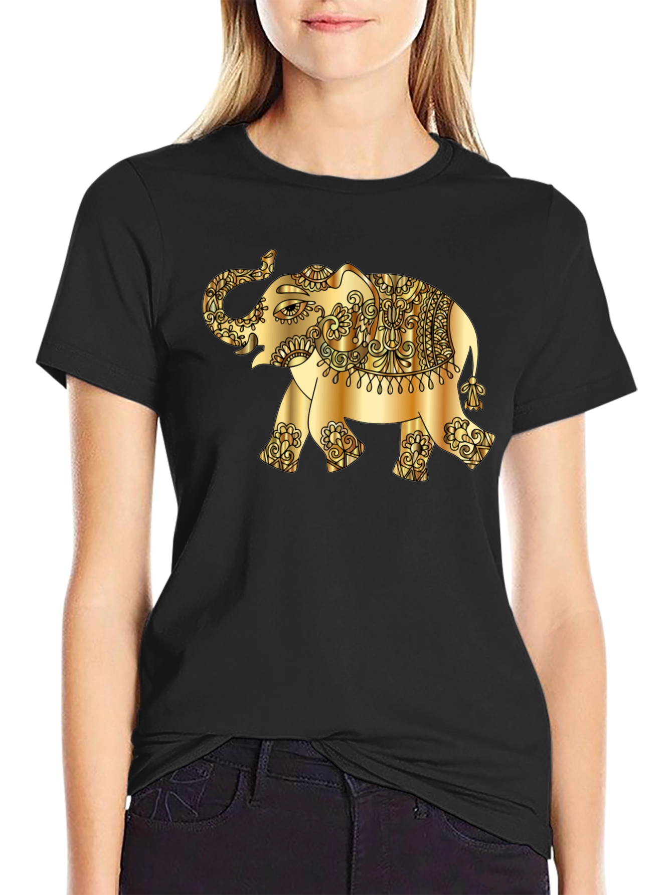 Black Golden Elephant Graphic Tee - Stylish Black T-Shirt view 2