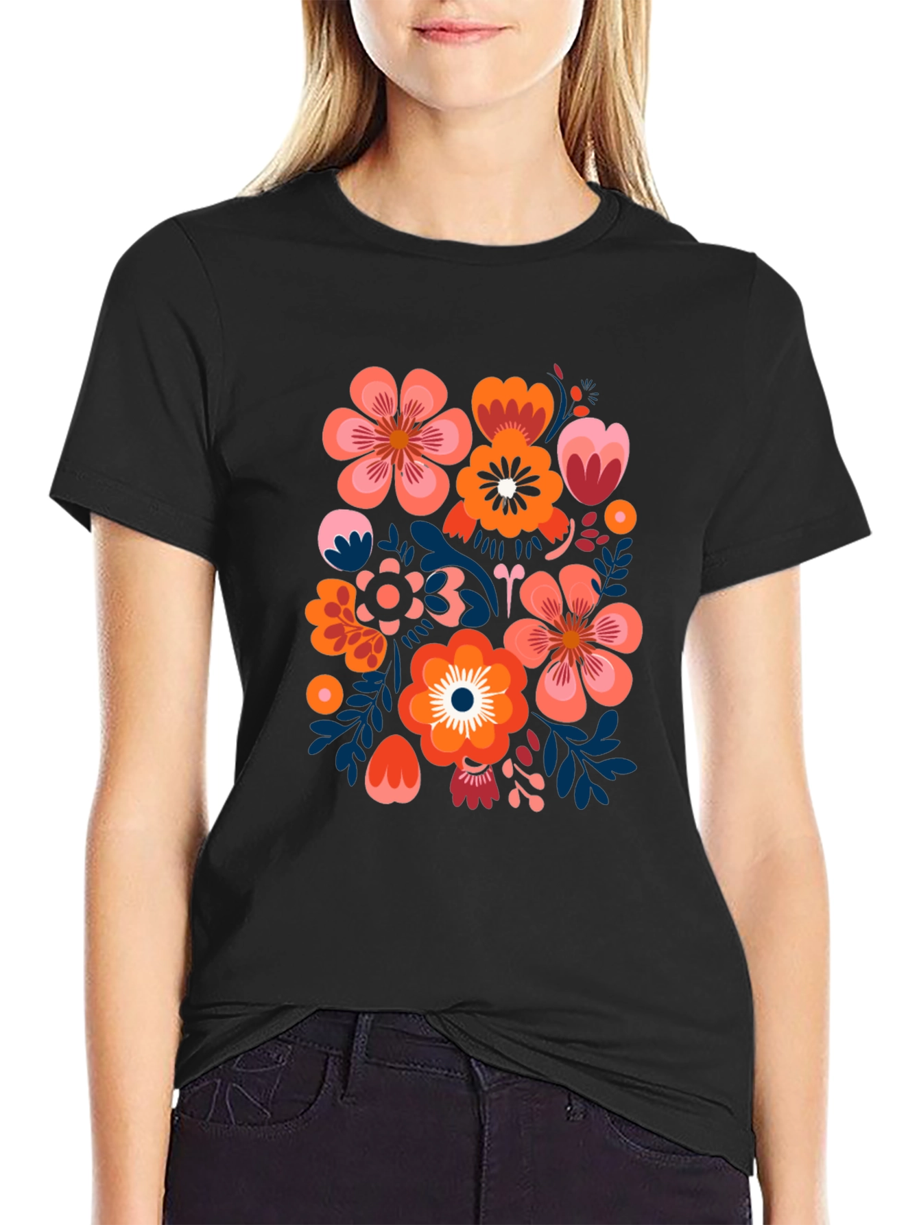 Black Floral Pattern Black T-Shirt view 2