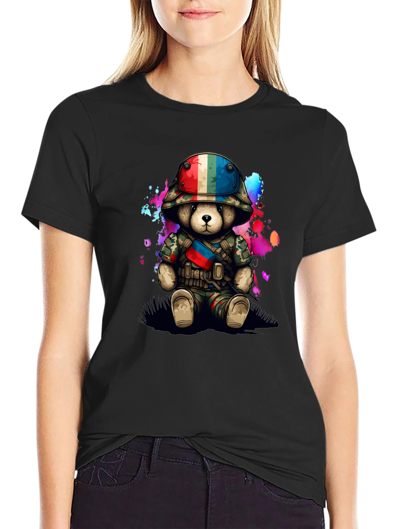 Black Military Teddy Bear Graphic T-Shirt view 2