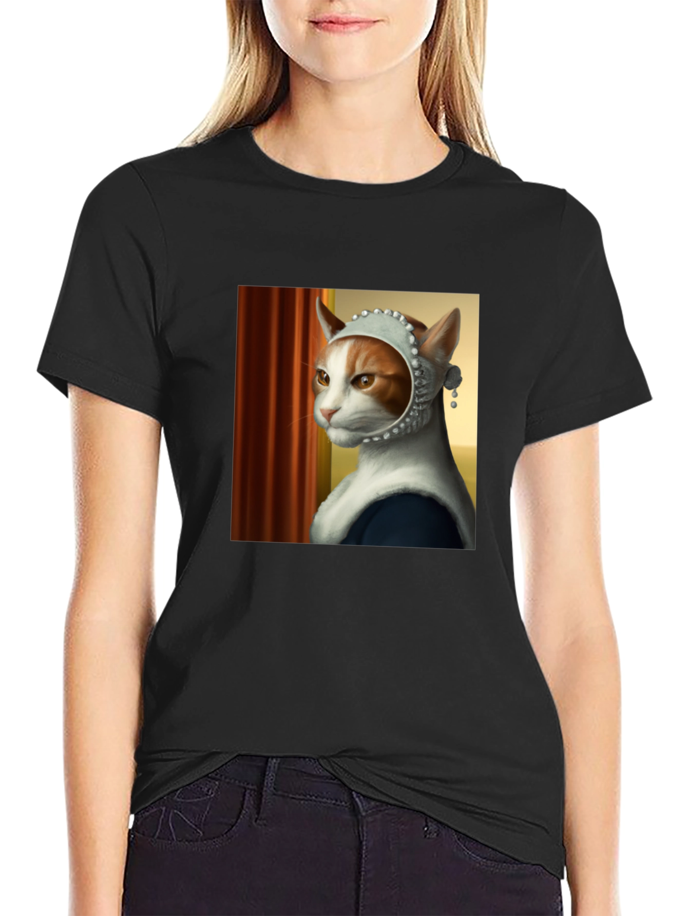 Black Cat with Pearl Earring T-Shirt view 2