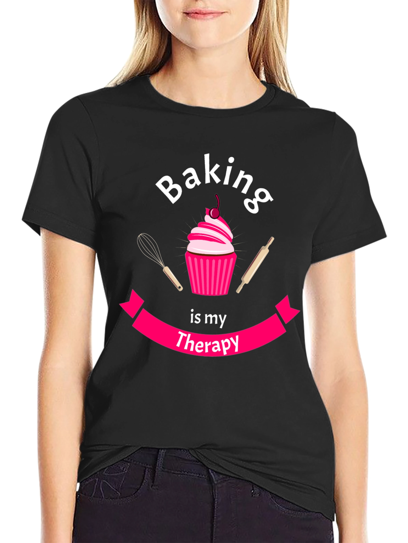 Black Baking is My Therapy T-Shirt - Cupcake Design view 2
