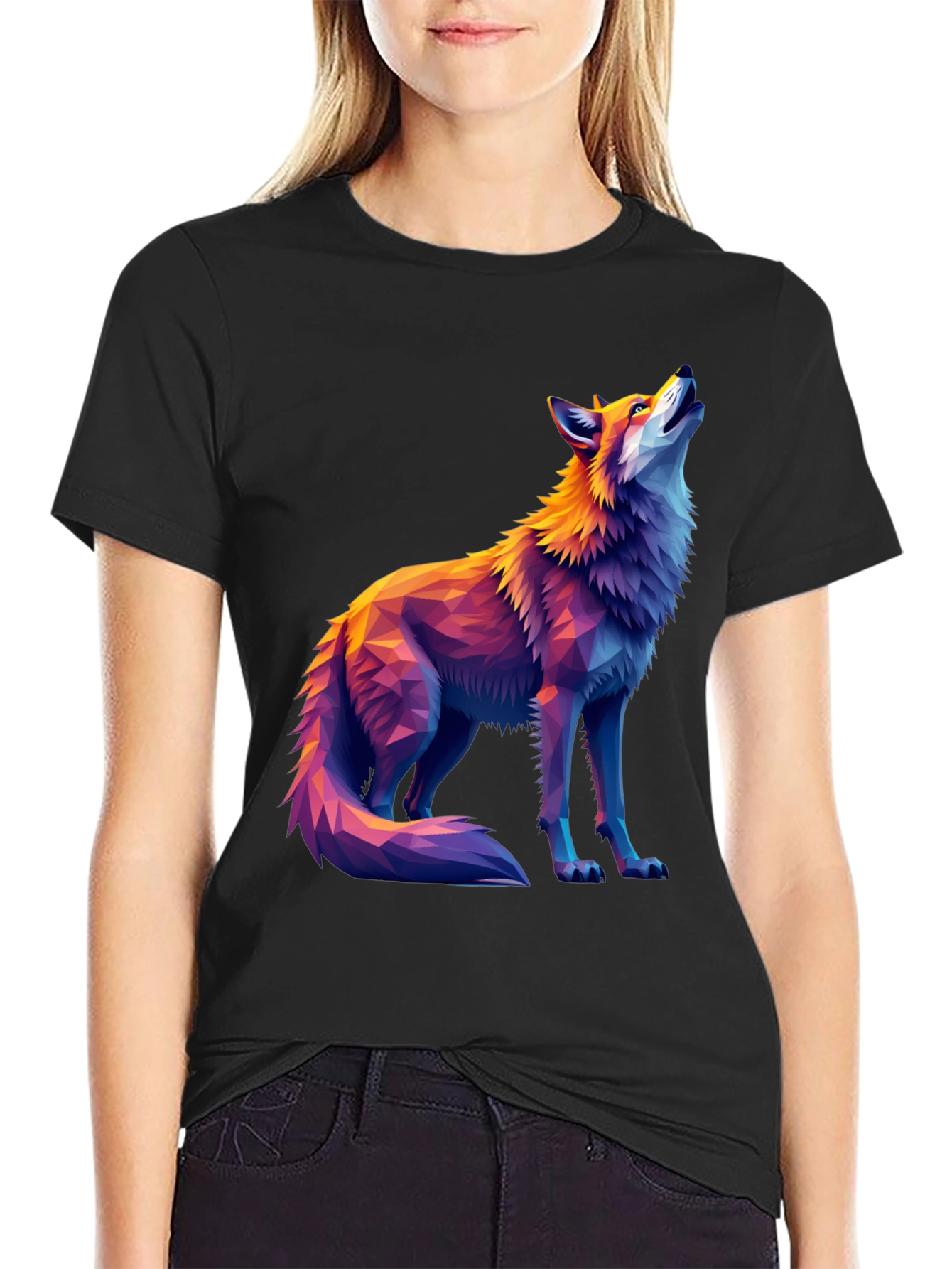 Black Geometric Wolf Graphic Tee - Artistic Black T-Shirt view 2