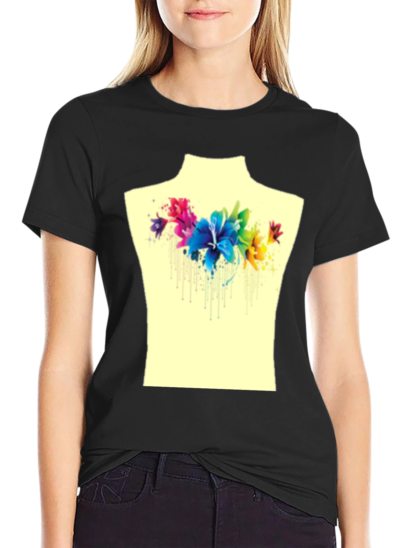 Black Floral Watercolor Graphic Tee - Stylish Men's T-Shirt view 2