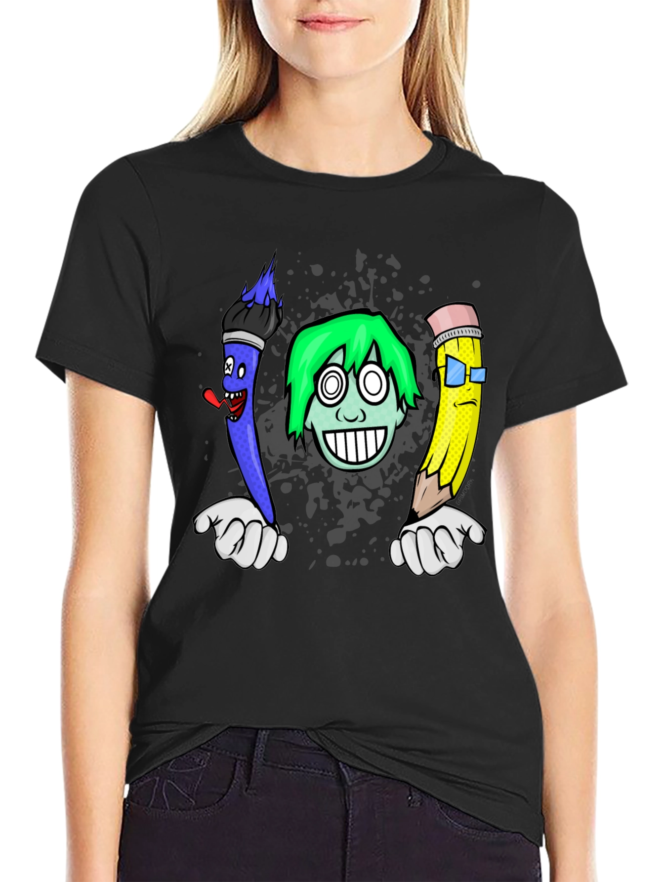 Black Cartoon Art T-Shirt: Brush, Pencil, & Character view 2
