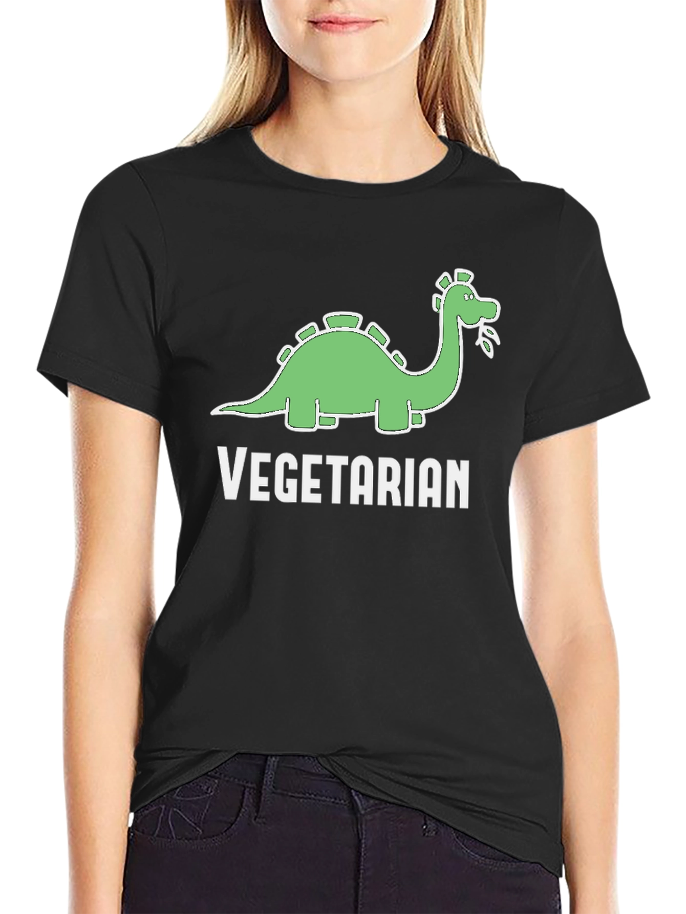 Black Vegetarian Dinosaur T-Shirt Funny Graphic Tee view 2