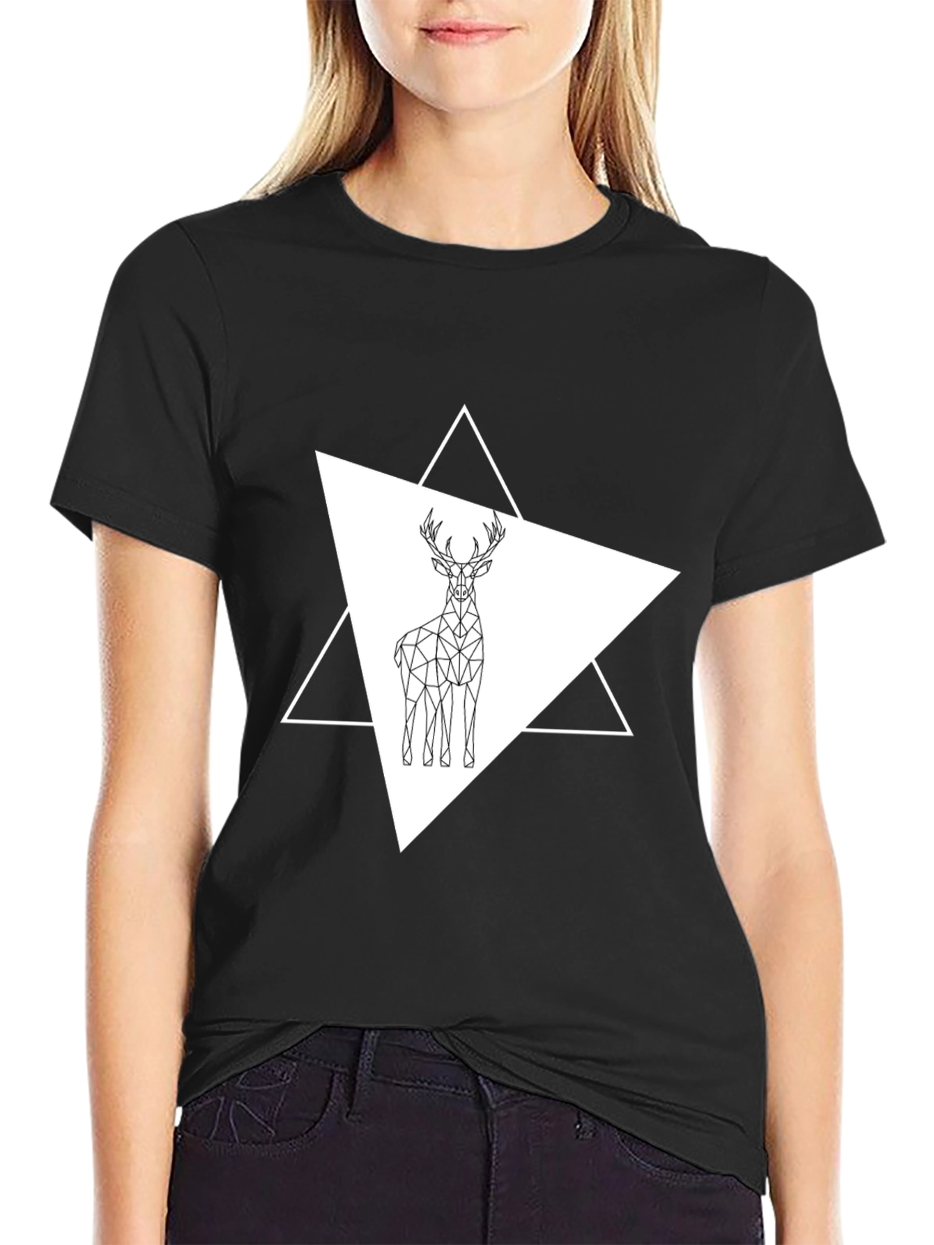 Black Geometric Deer Graphic Tee - Stylish Black T-Shirt view 2