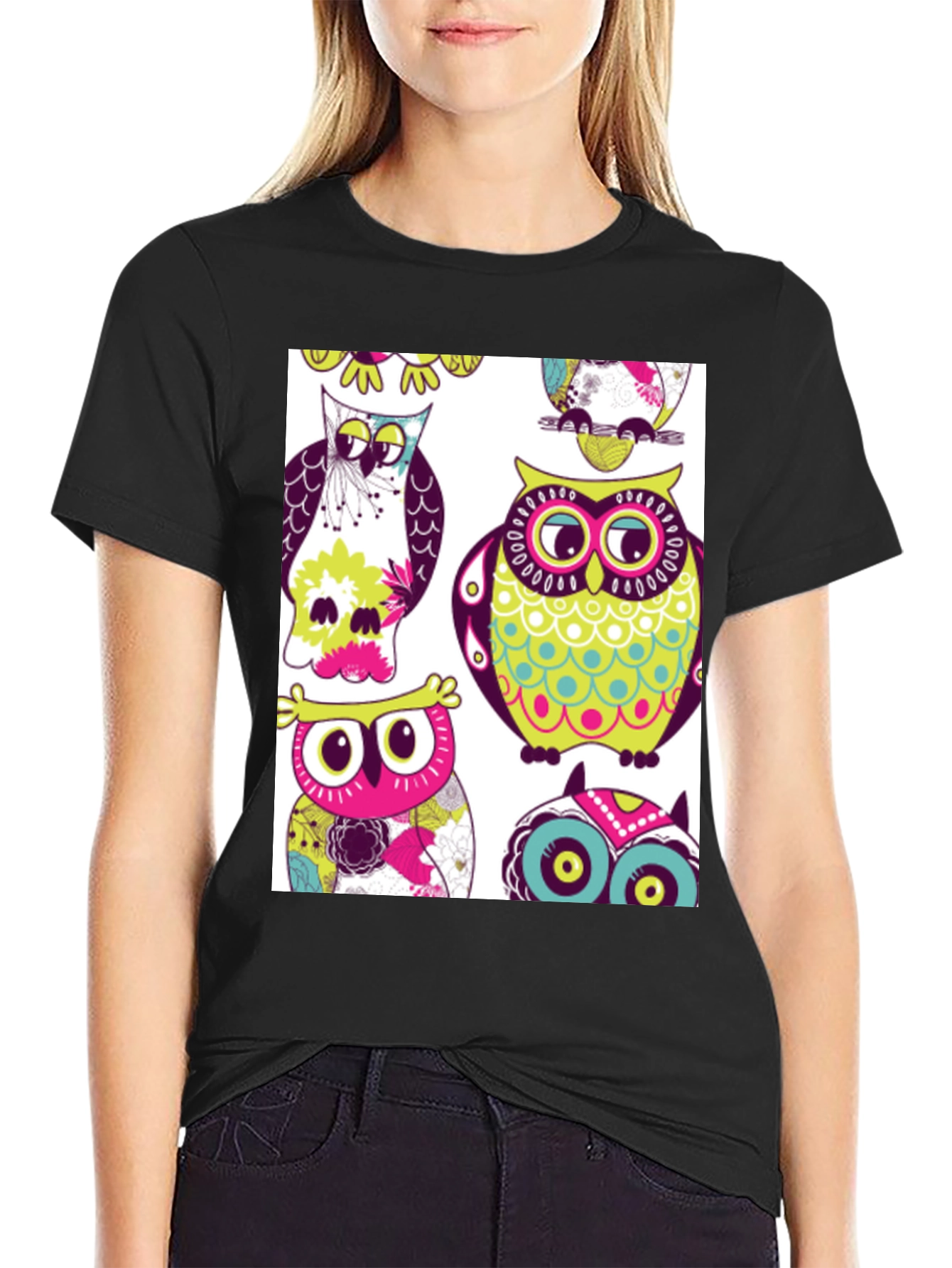 Black Owl Pattern Graphic Print Crew Neck Tee view 2