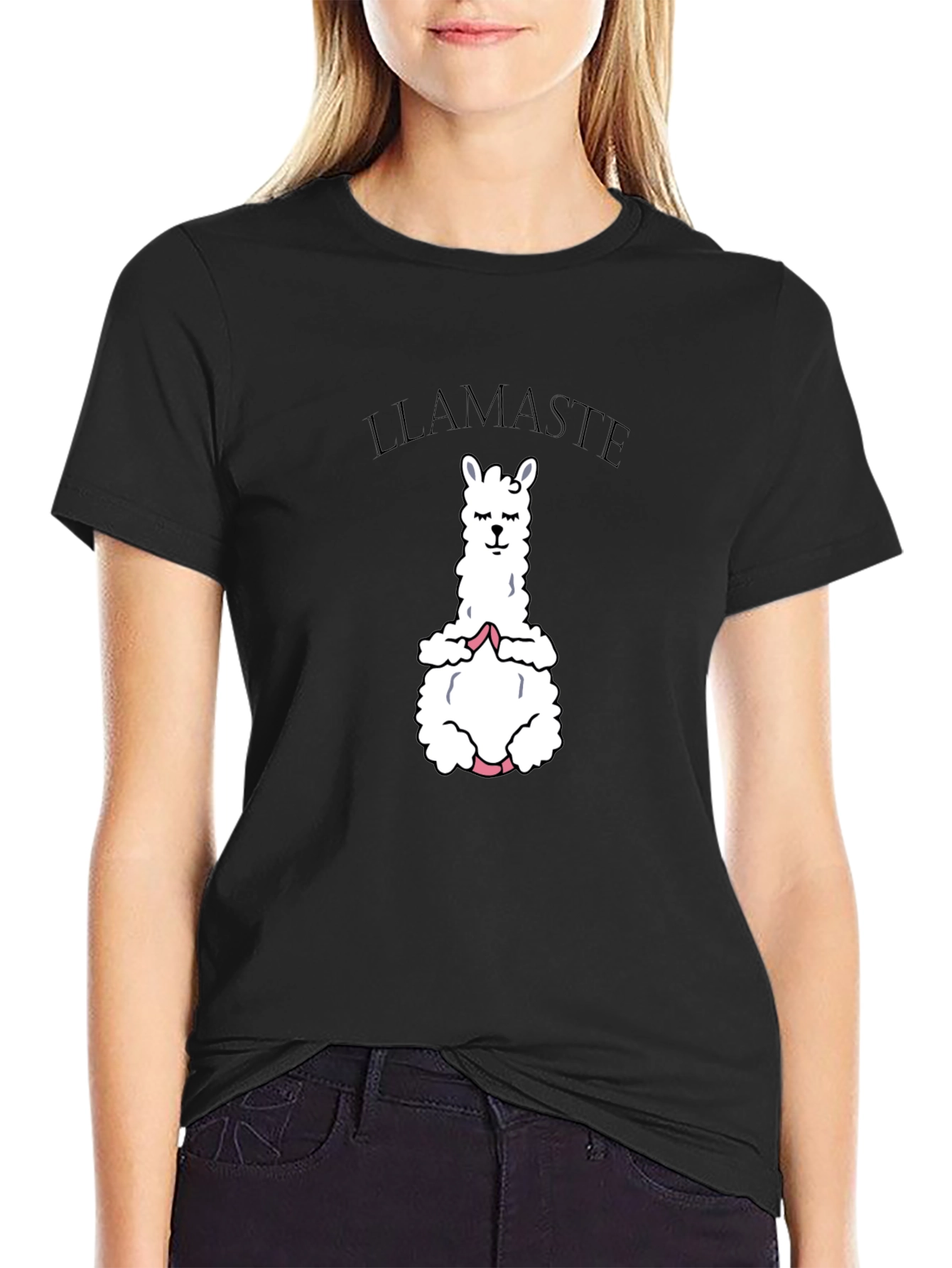 Black Llamaste Yoga T-Shirt - Meditating Llama Graphic Tee view 2