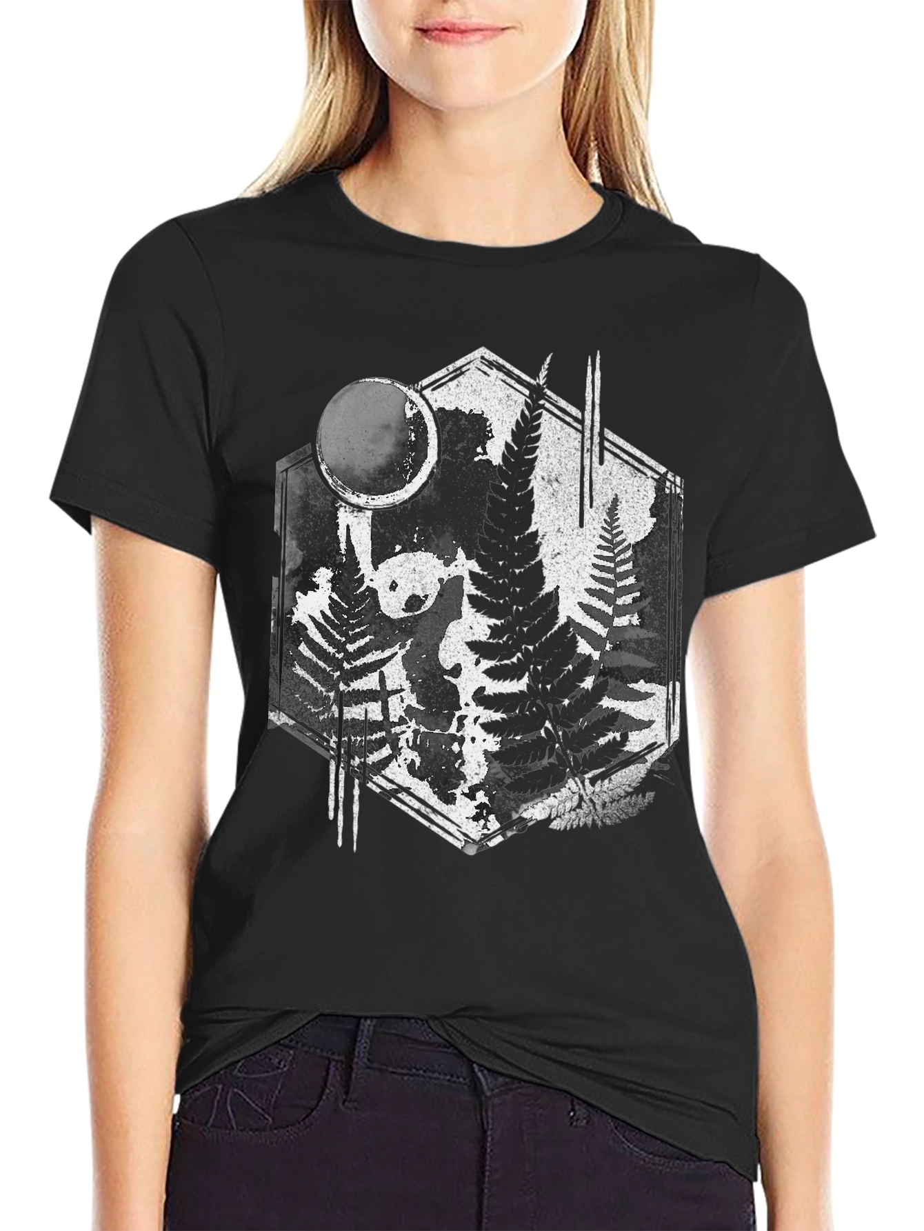 Black Fern Forest Panda Black T-Shirt - Nature Inspired Graphic Tee view 2