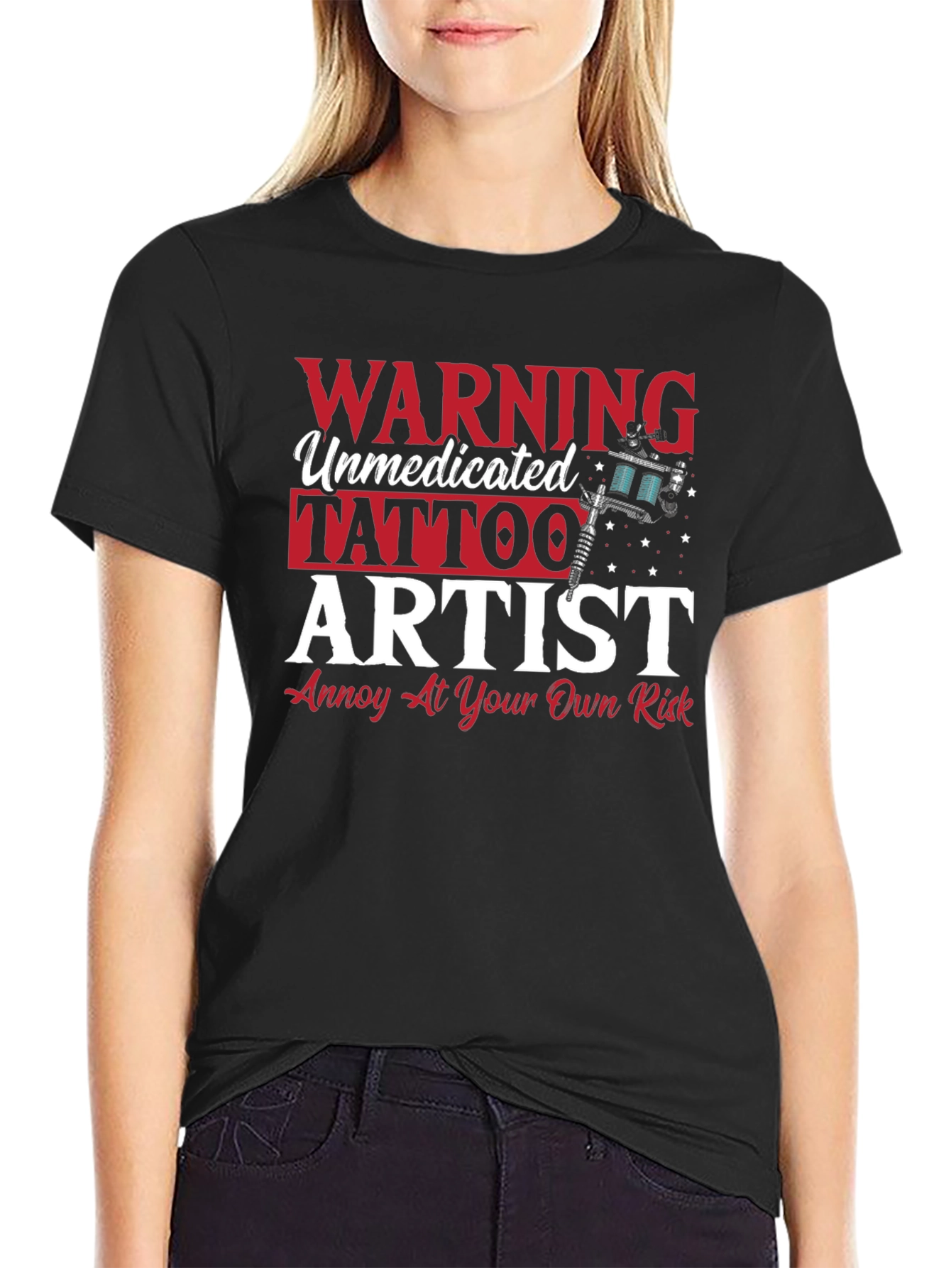 Black Warning Unmedicated Tattoo Artist T-Shirt view 2