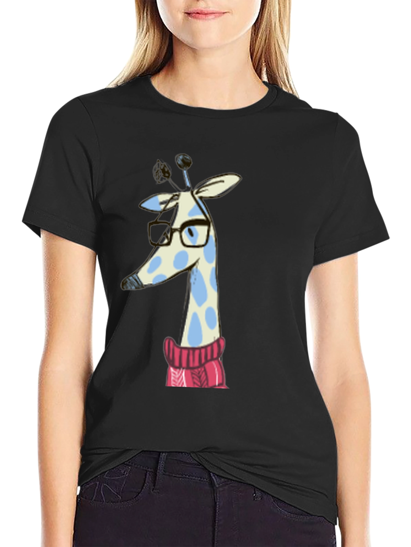 Black Giraffe in Sweater Graphic Tee - Unisex Black T-Shirt view 2