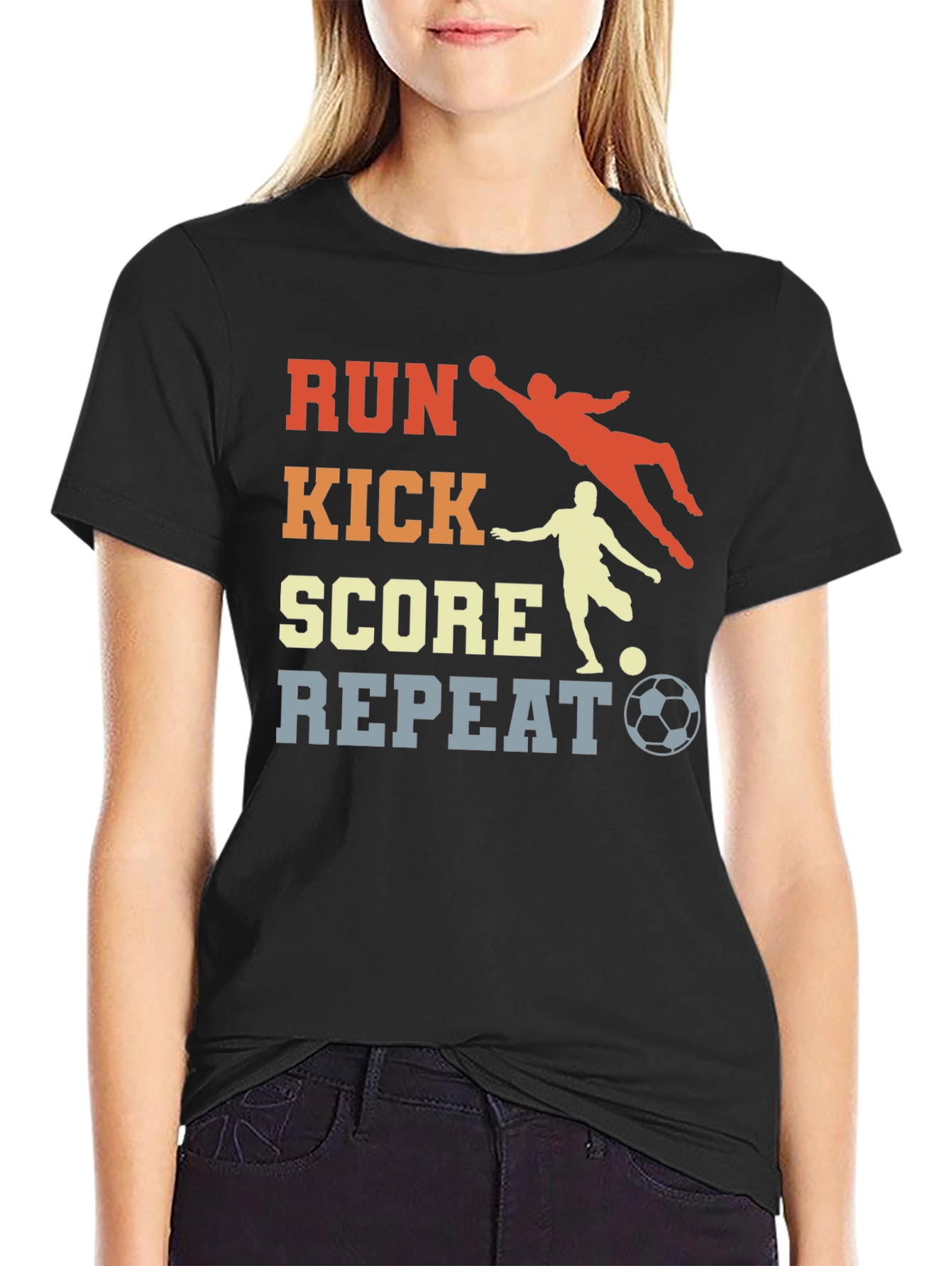 Black Run Kick Score Repeat Soccer T-Shirt view 2