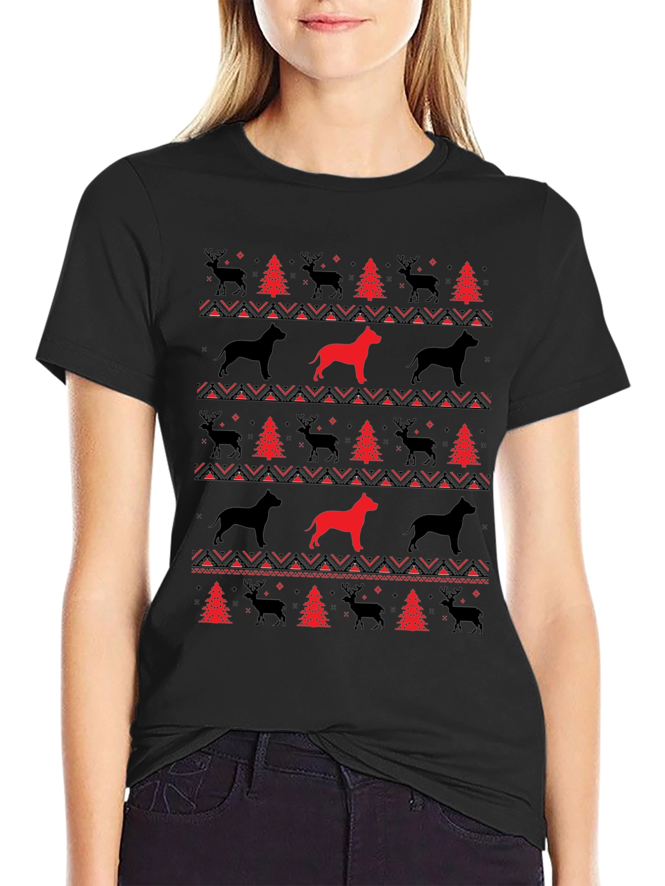 Black Festive Dog & Reindeer Holiday T-Shirt view 2
