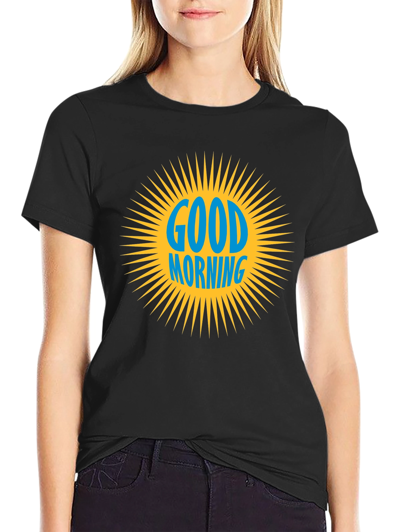 Black Good Morning Graphic Print Crew Neck T-Shirt view 2