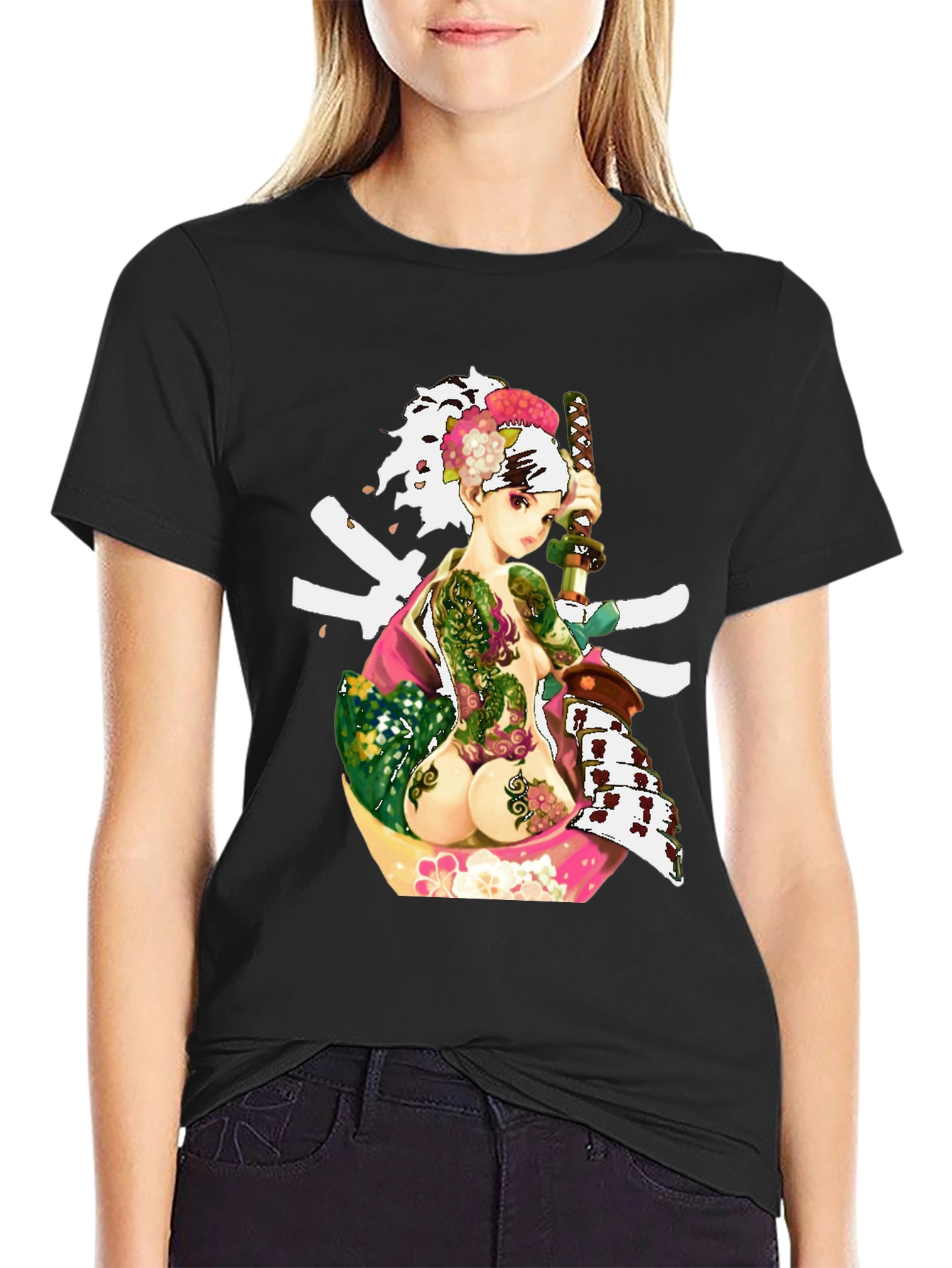 Black Samurai Girl Tattoo T-Shirt - Unique Graphic Tee view 2