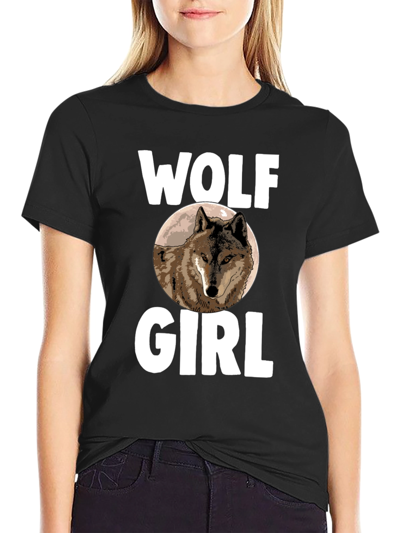 Black Wolf Girl T-Shirt - Novelty Animal Graphic Tee view 2