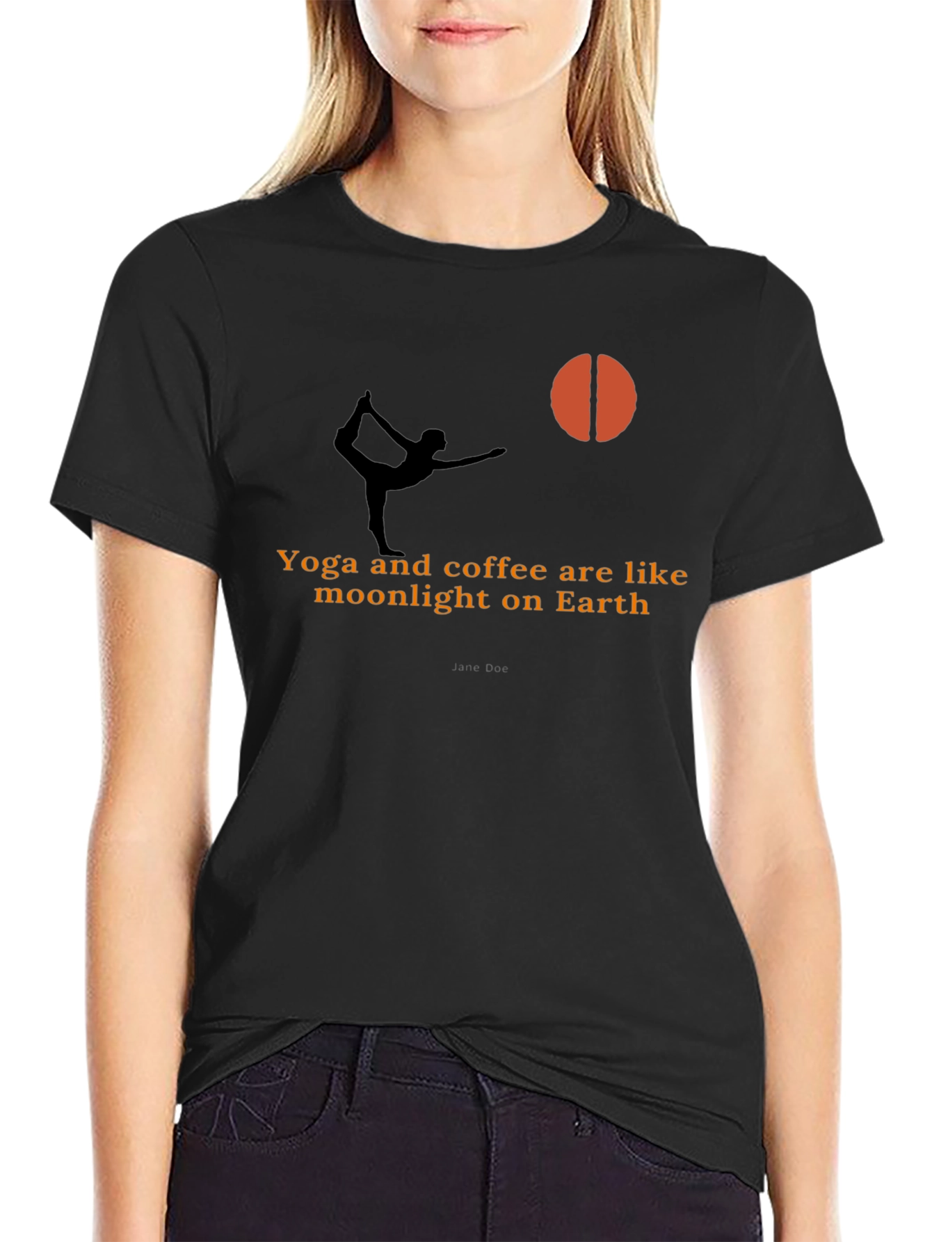 Black Yoga & Coffee T-Shirt - Moonlight Earth Design view 2