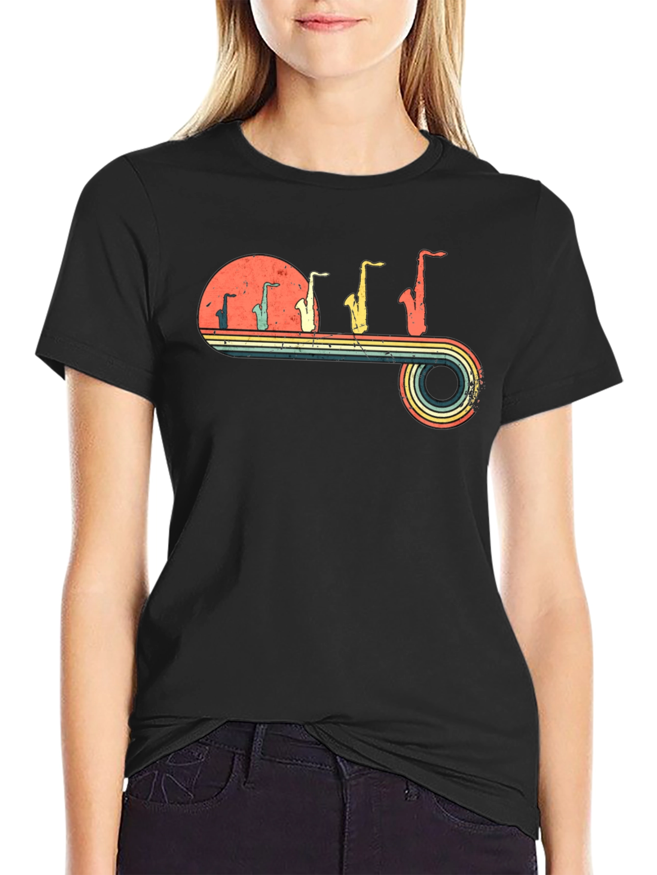 Black Retro Saxophone Evolution Graphic T-Shirt view 2