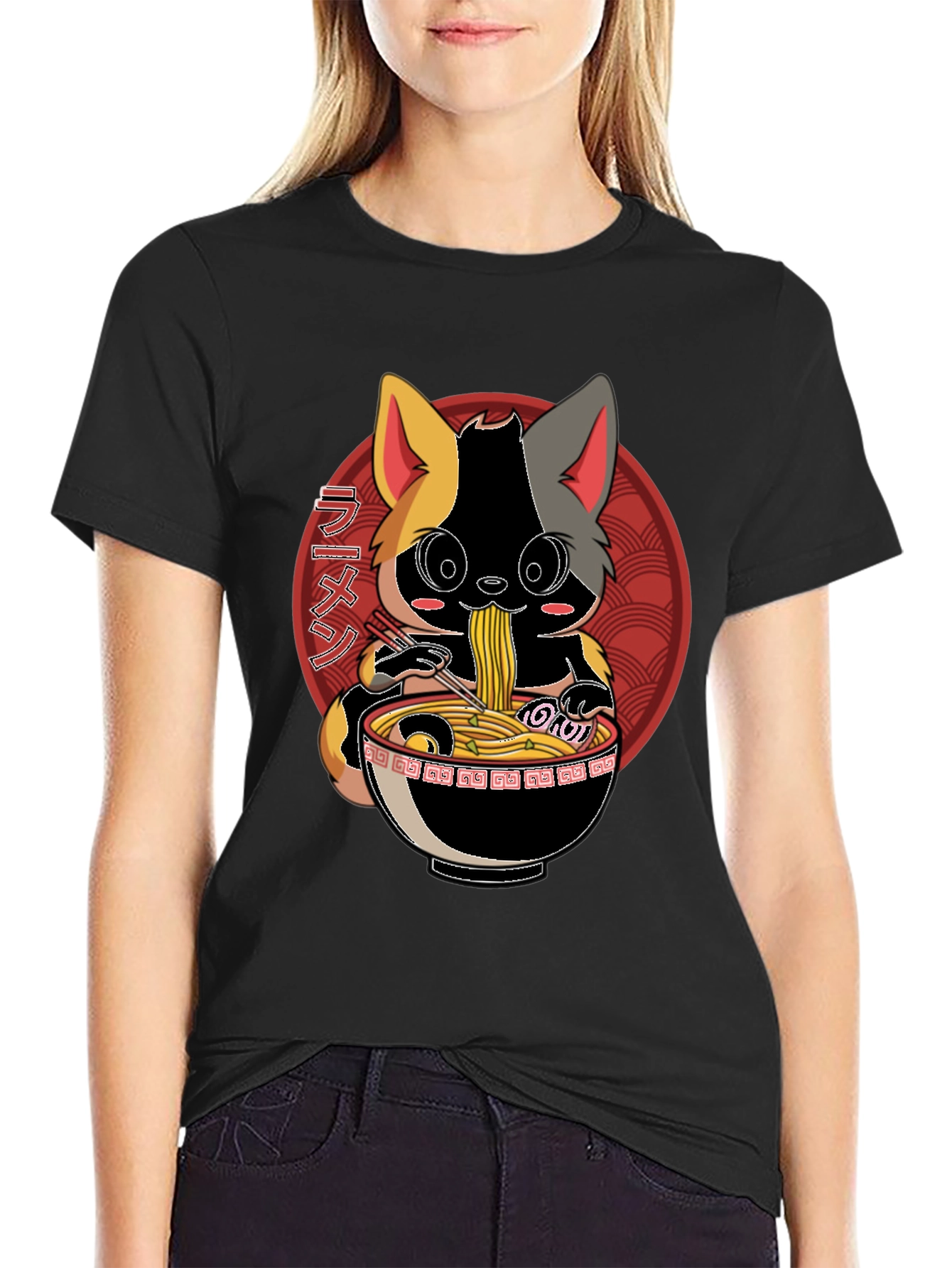 Black Ramen Cat T-Shirt - Anime Style view 2