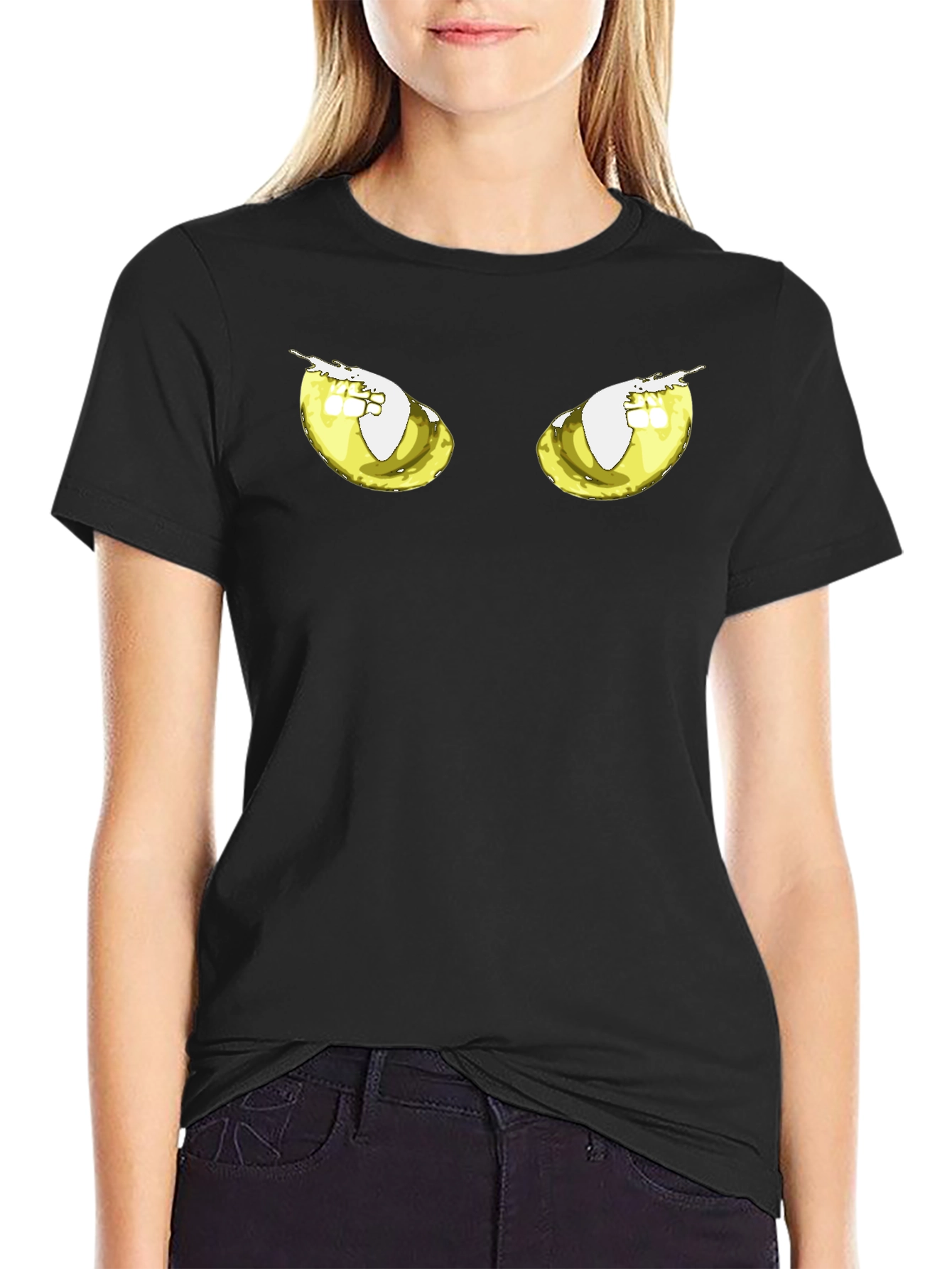 Black Men's Black T-Shirt with Cartoon Eyes view 2