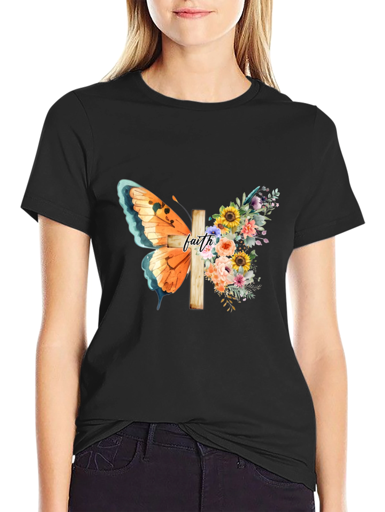Black Faith Butterfly Floral Cross Graphic Tee view 2