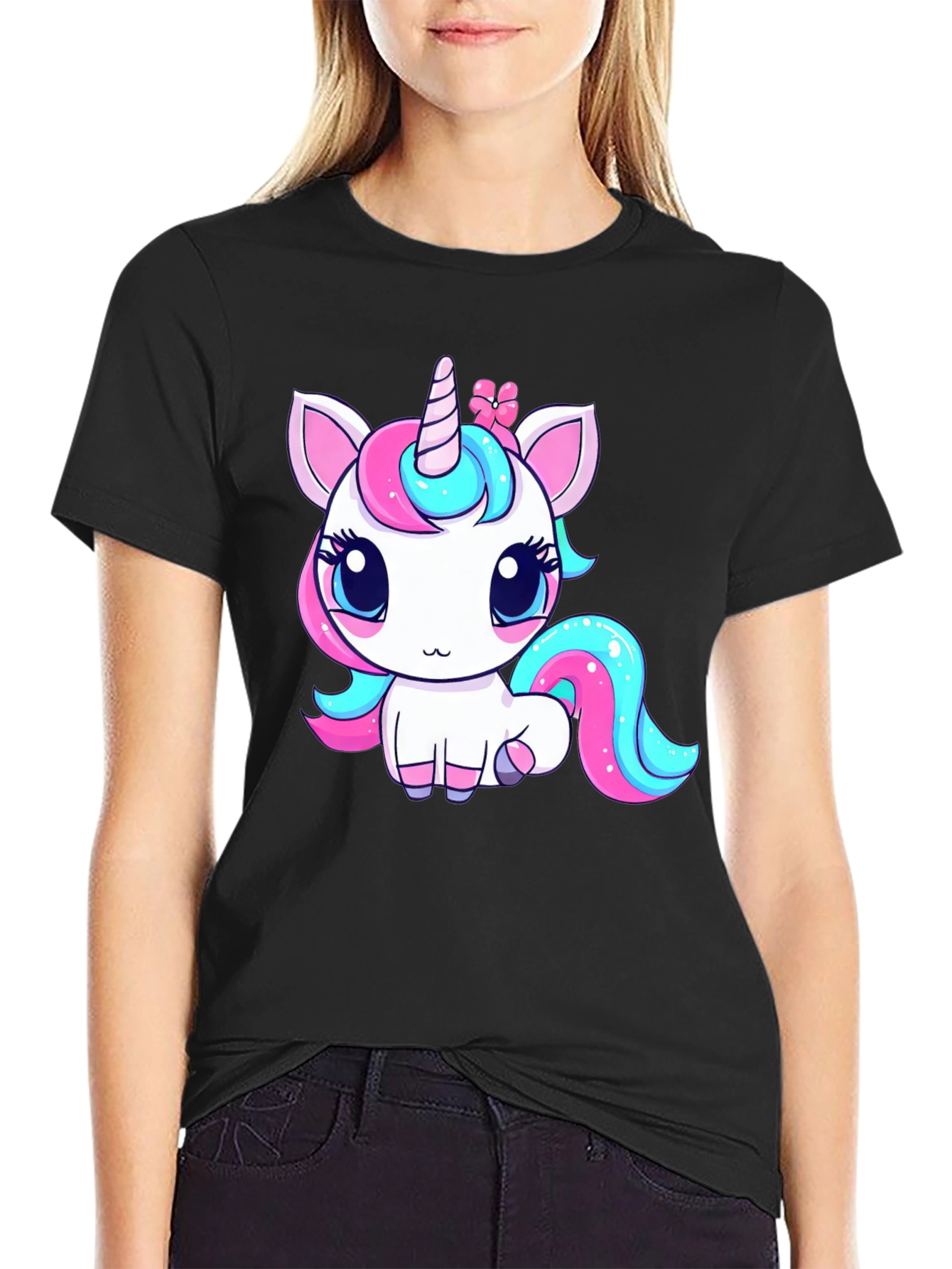 Black Cute Cartoon Unicorn Black T-Shirt view 2